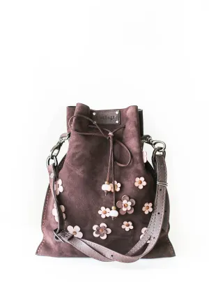 Dark Brown Floral Suede Pouch Bag