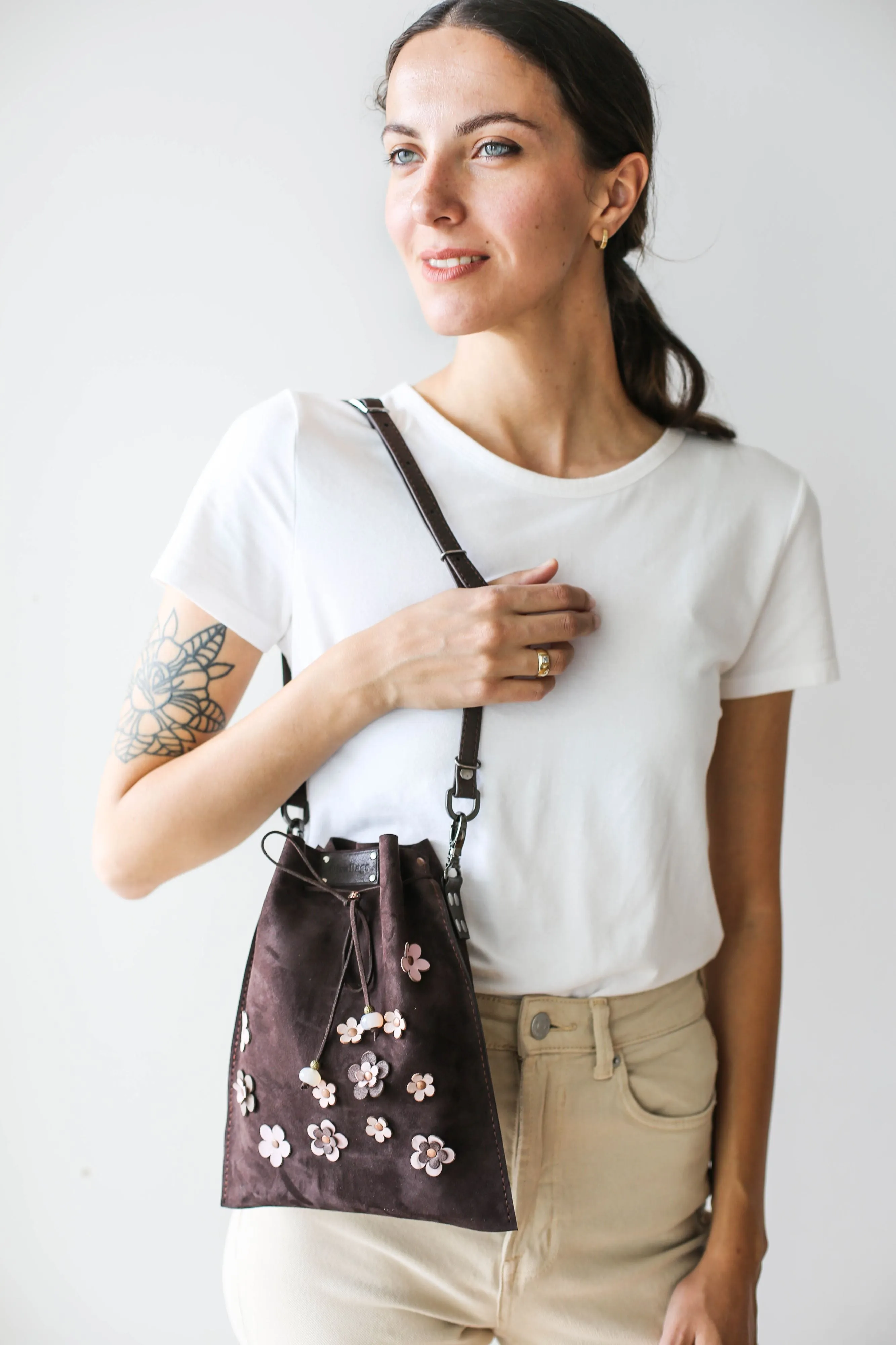 Dark Brown Floral Suede Pouch Bag