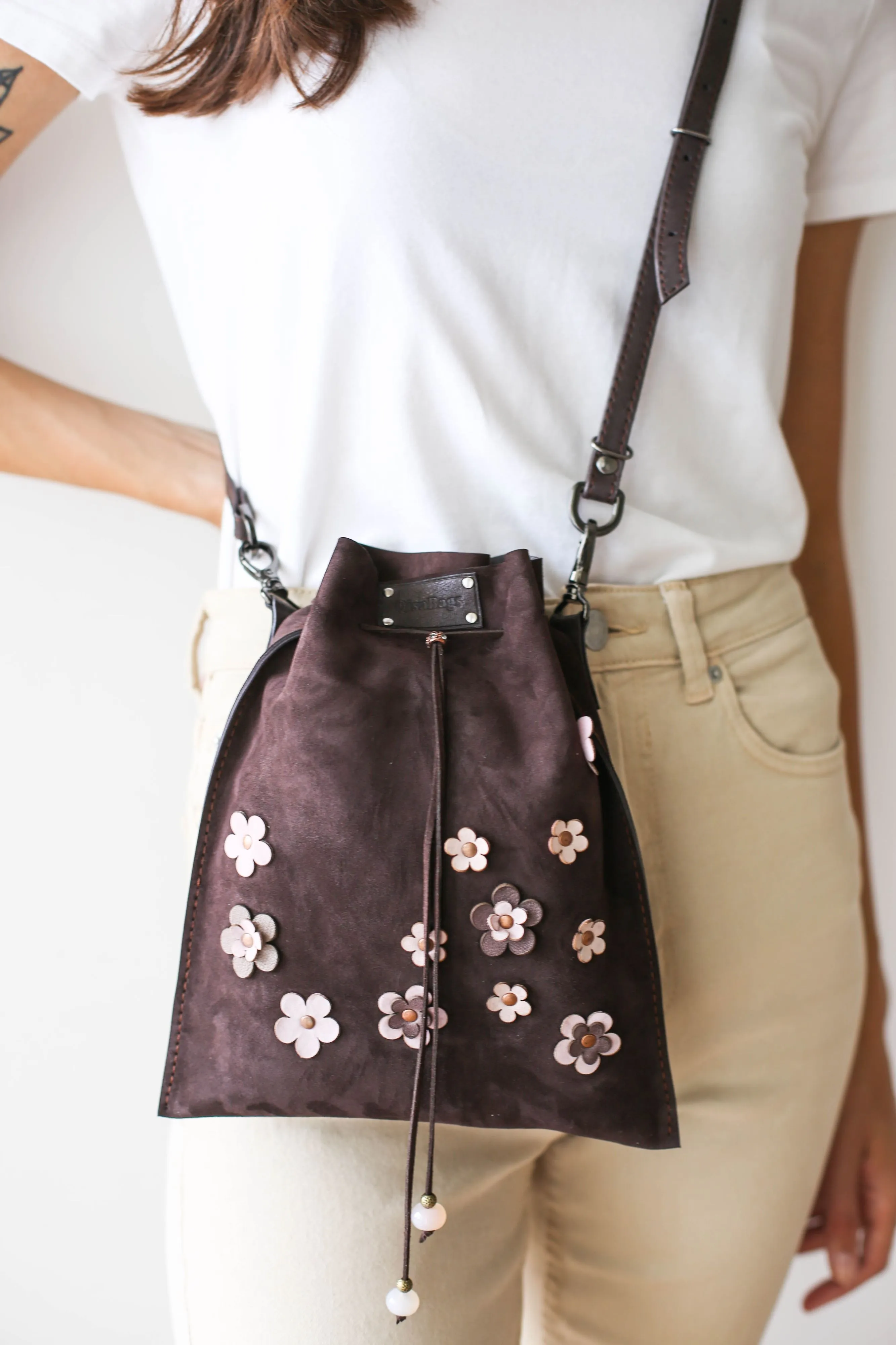 Dark Brown Floral Suede Pouch Bag