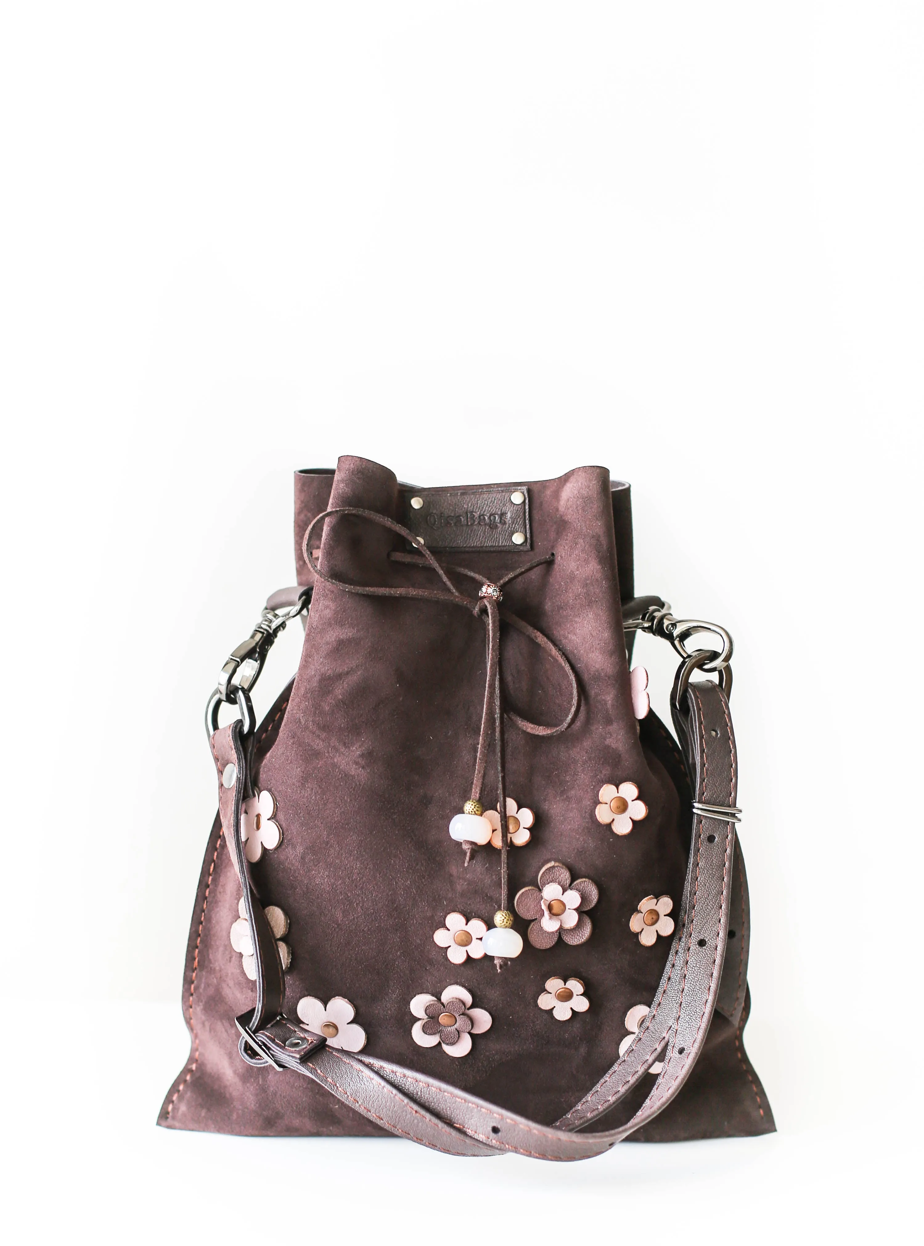 Dark Brown Floral Suede Pouch Bag