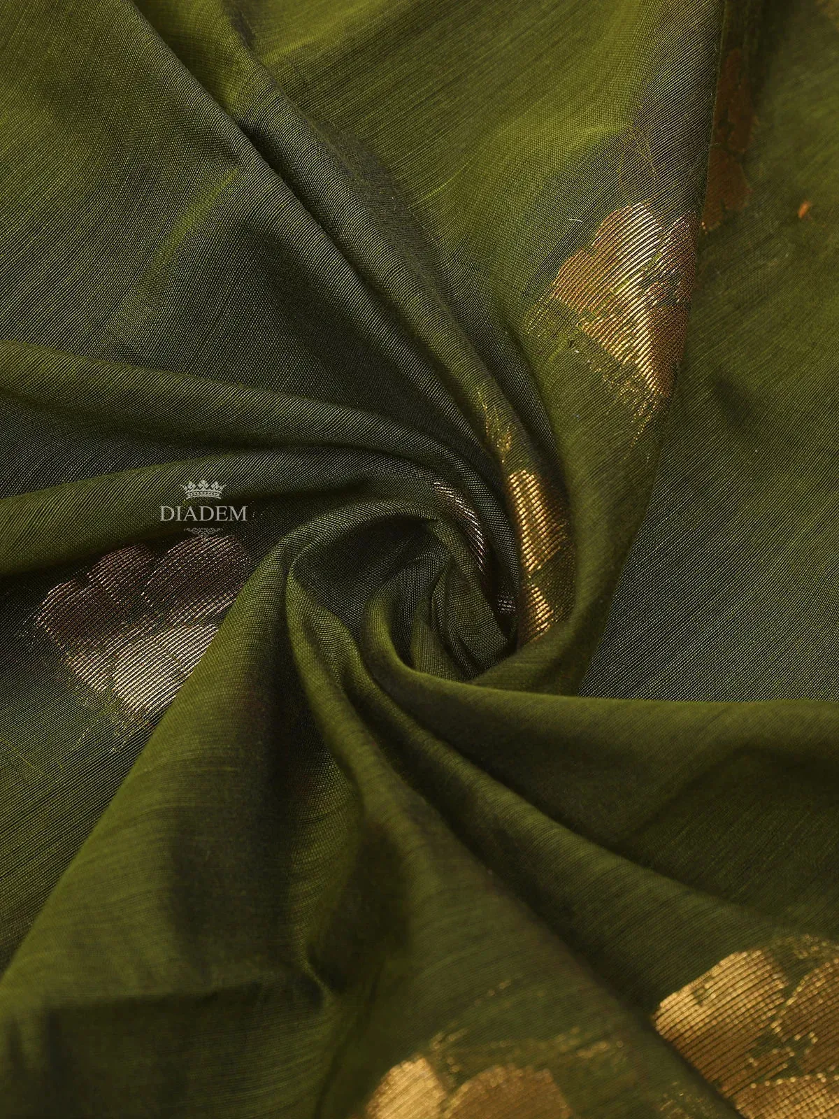 Dark Green Silk Cotton Saree with Floral Motif Design on the Body and Contrast Zari Border