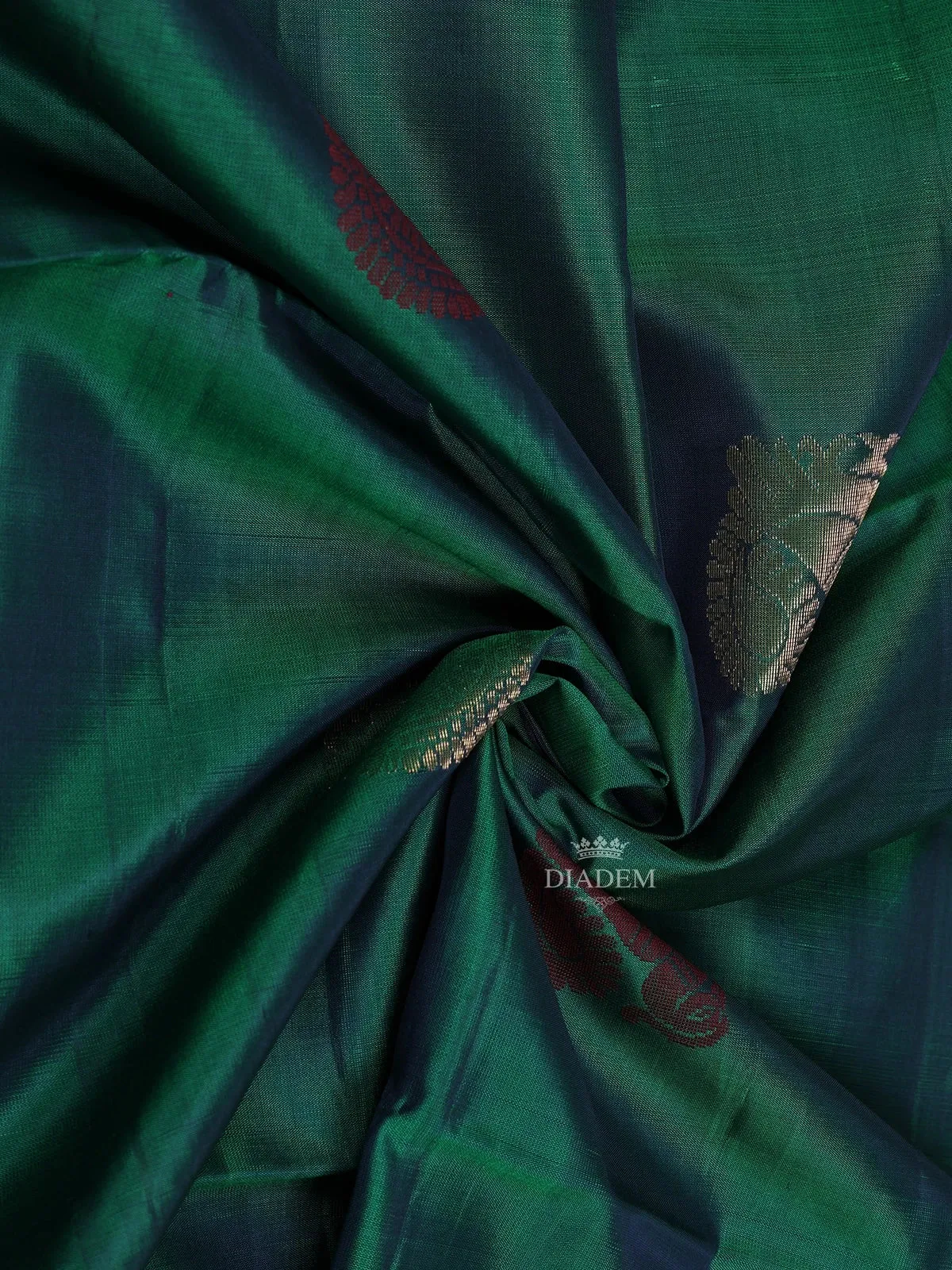 Dark Green Soft Silk Saree with Chakra and Peacock Motifs on the Body and without Border