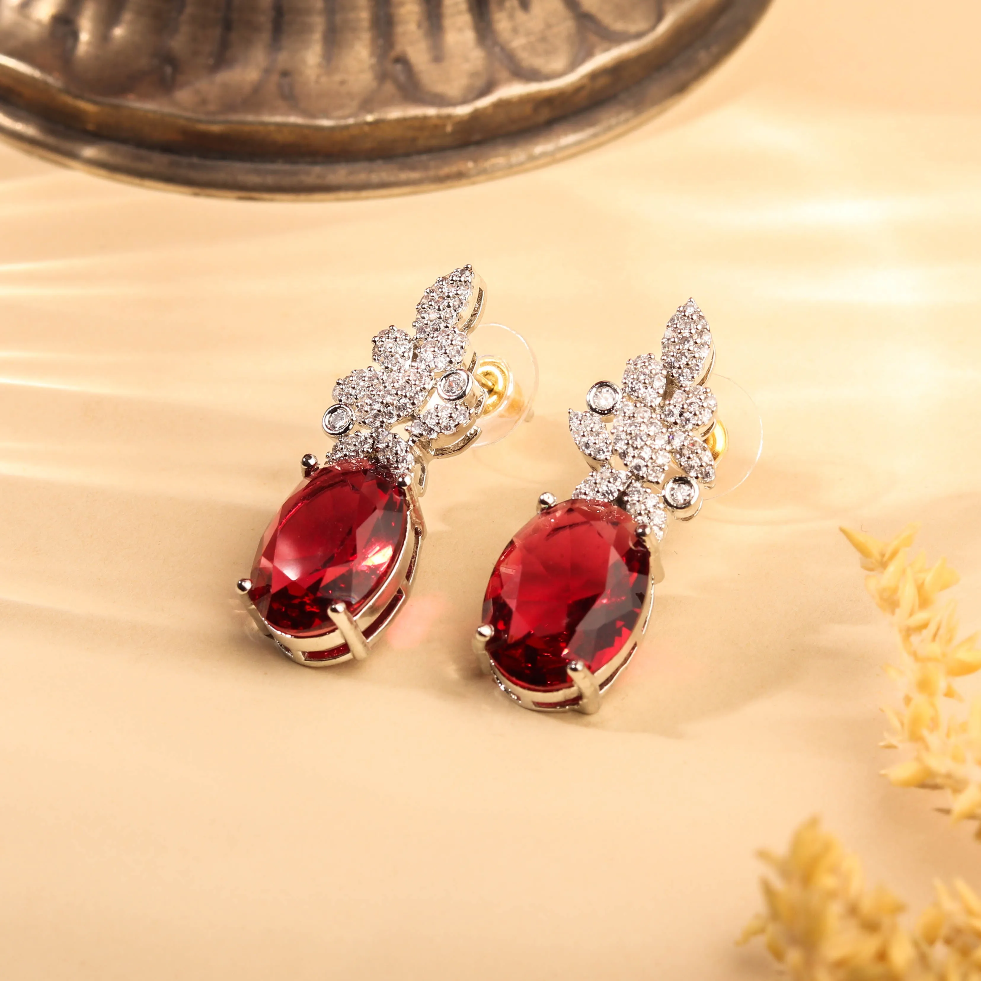 Dazzling Rhodium Plated Scarlet Red Earrings For Women