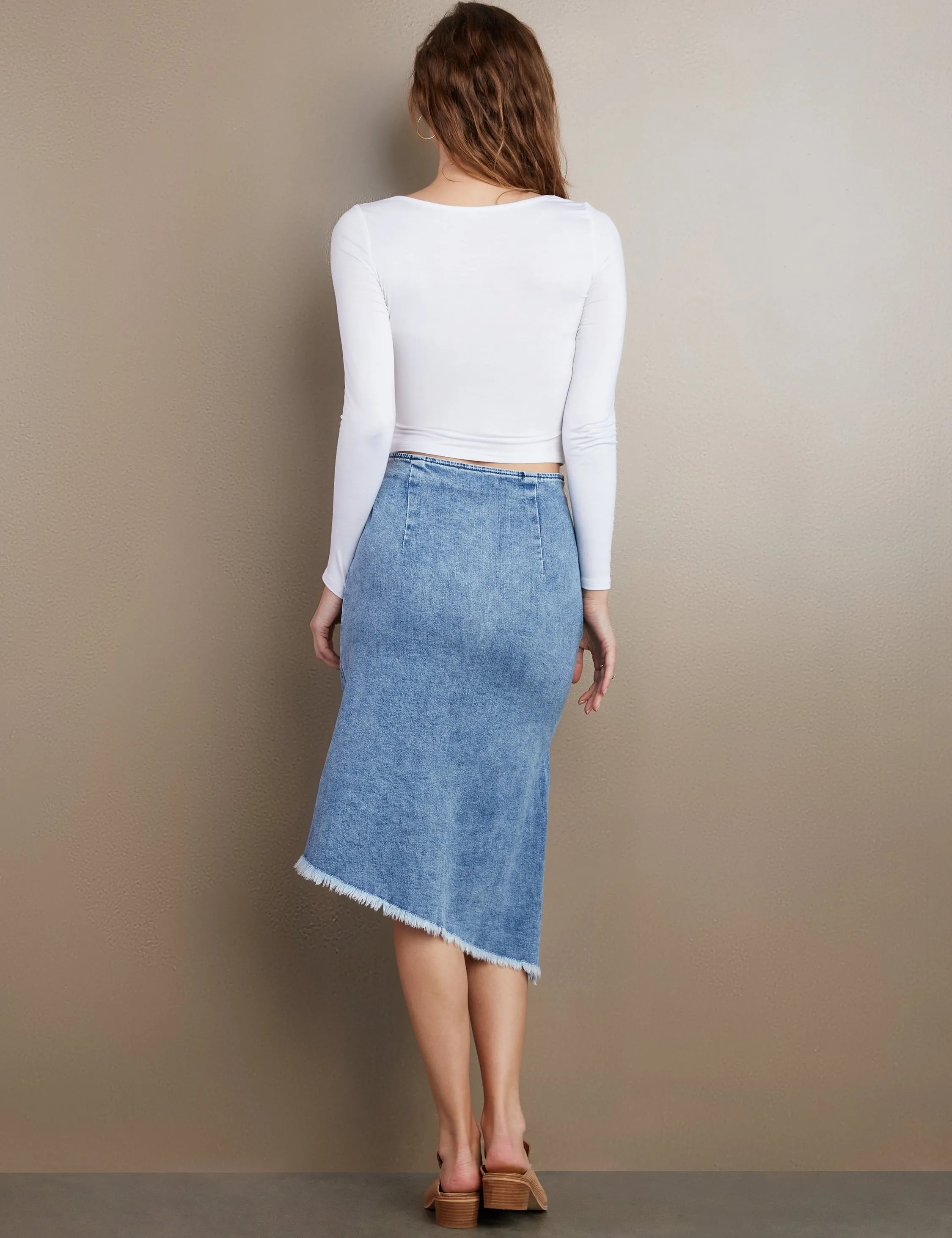 Denim Bustle Midi Skirt