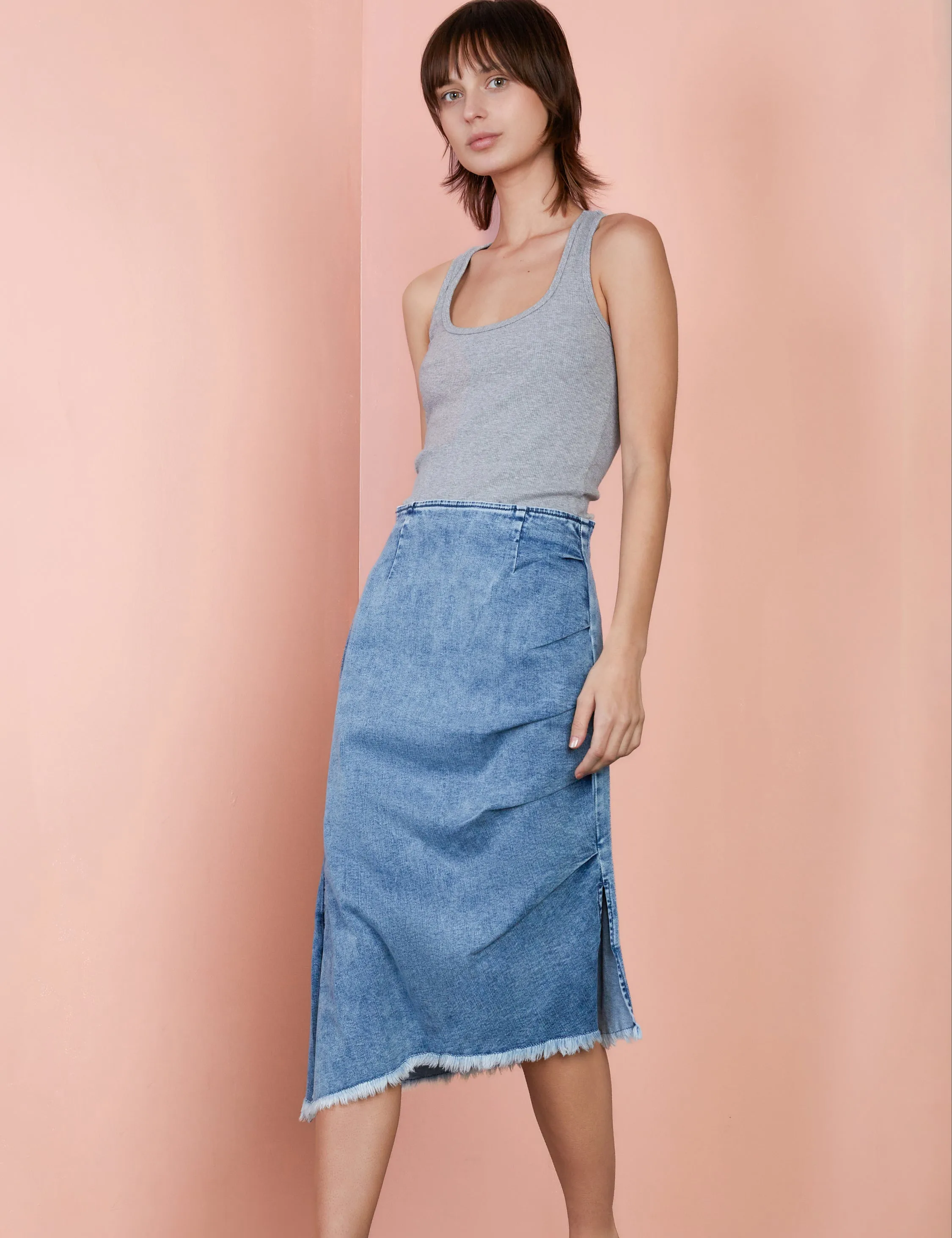 Denim Bustle Midi Skirt