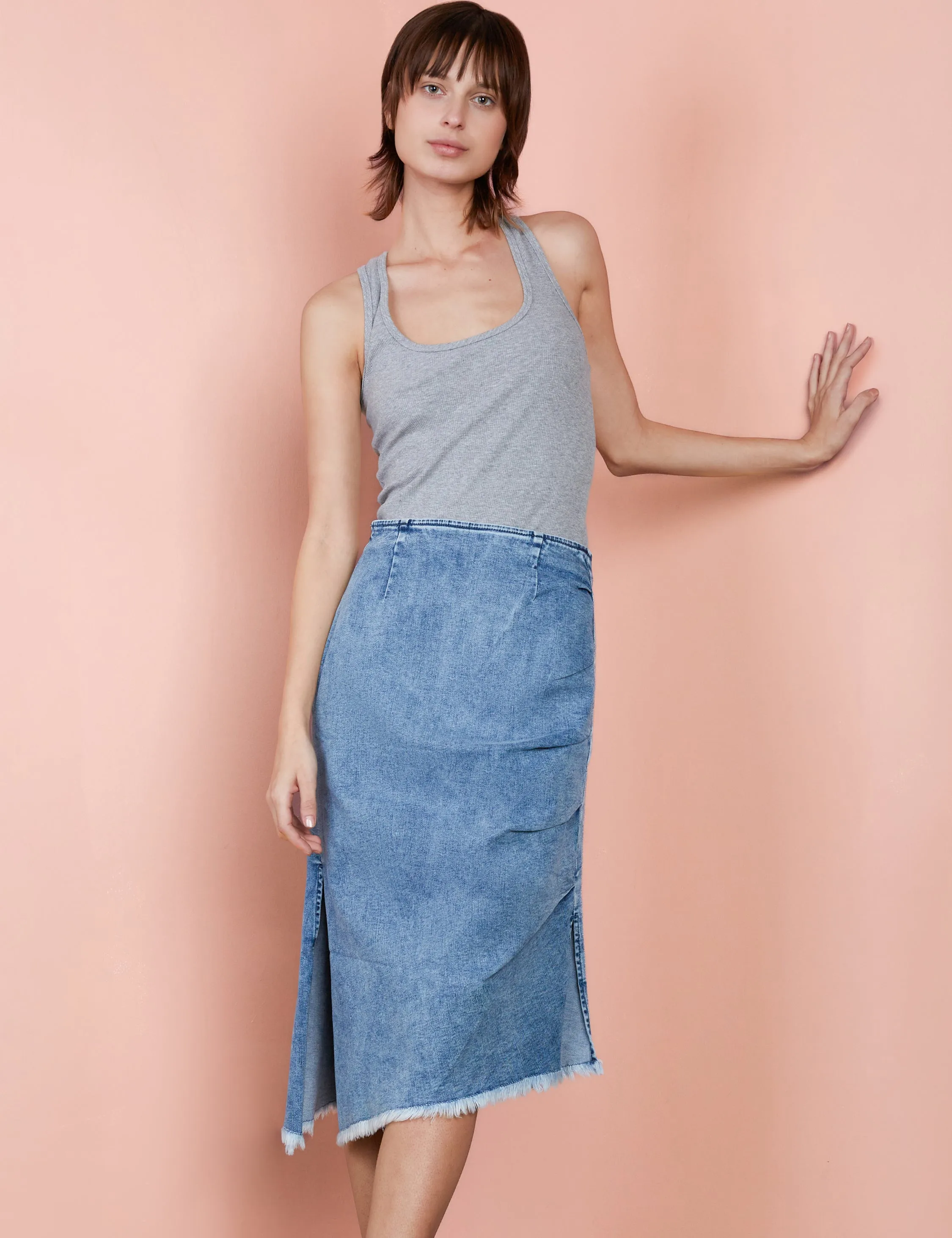 Denim Bustle Midi Skirt