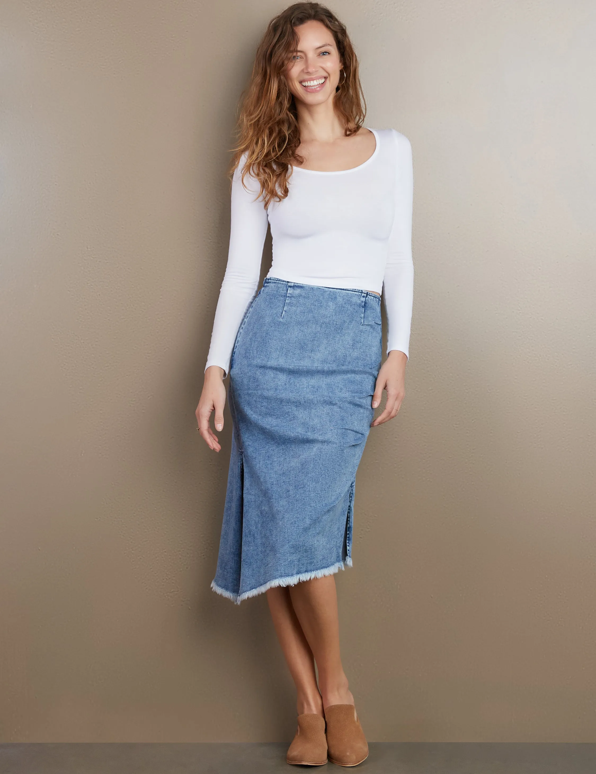 Denim Bustle Midi Skirt