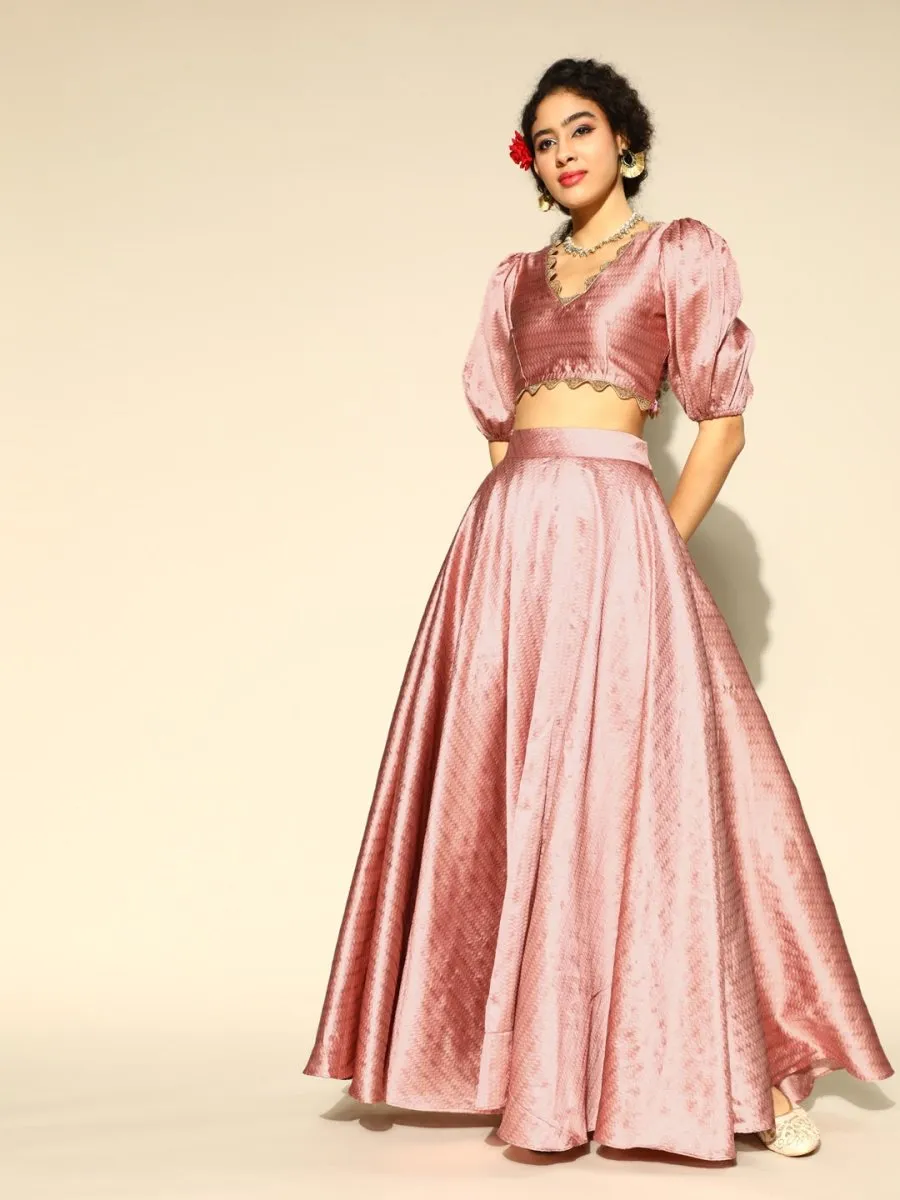 Dirty Pink Brocade Woven Flared Skirt with Top