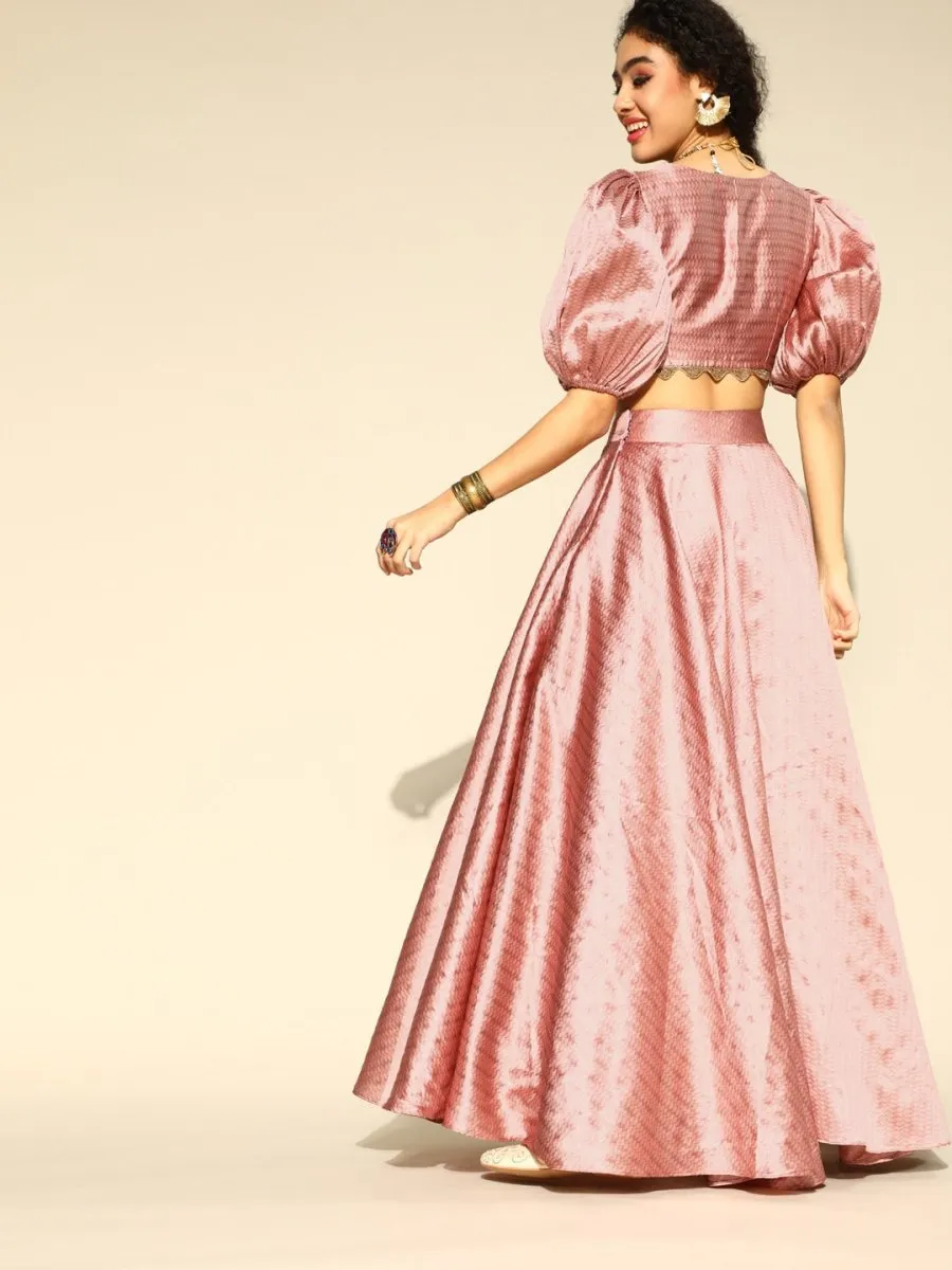 Dirty Pink Brocade Woven Flared Skirt with Top