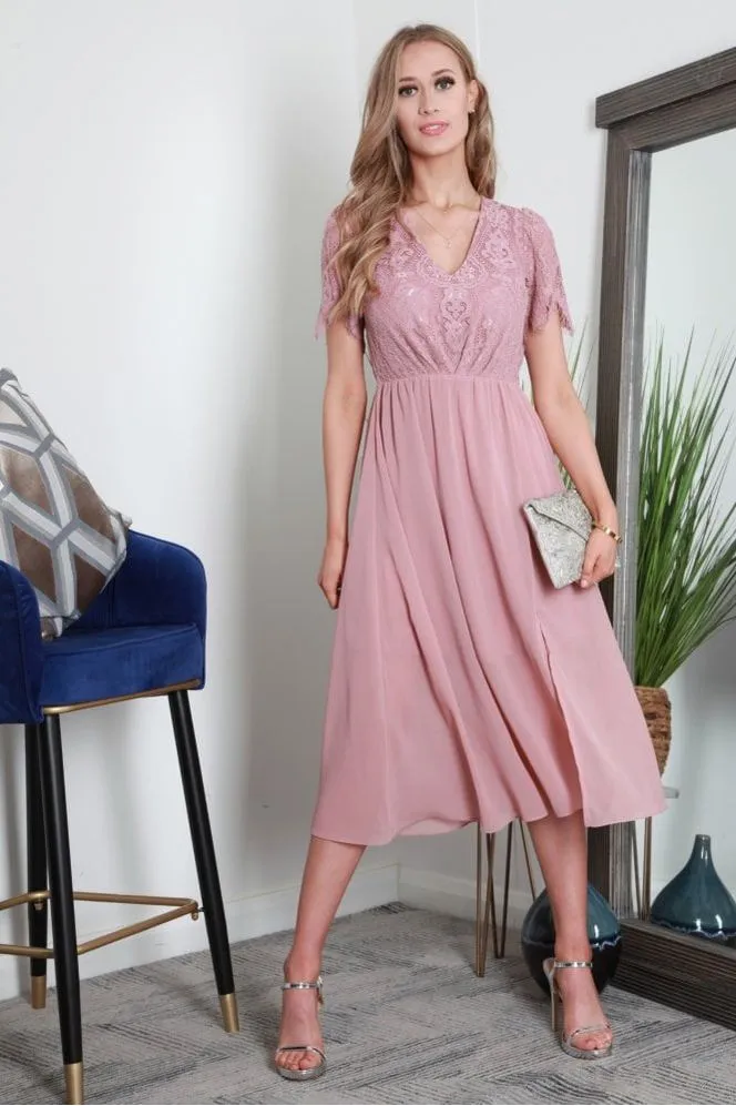 Double Second Scallop Lace V Neck Split Hem Chiffon Midi Dress