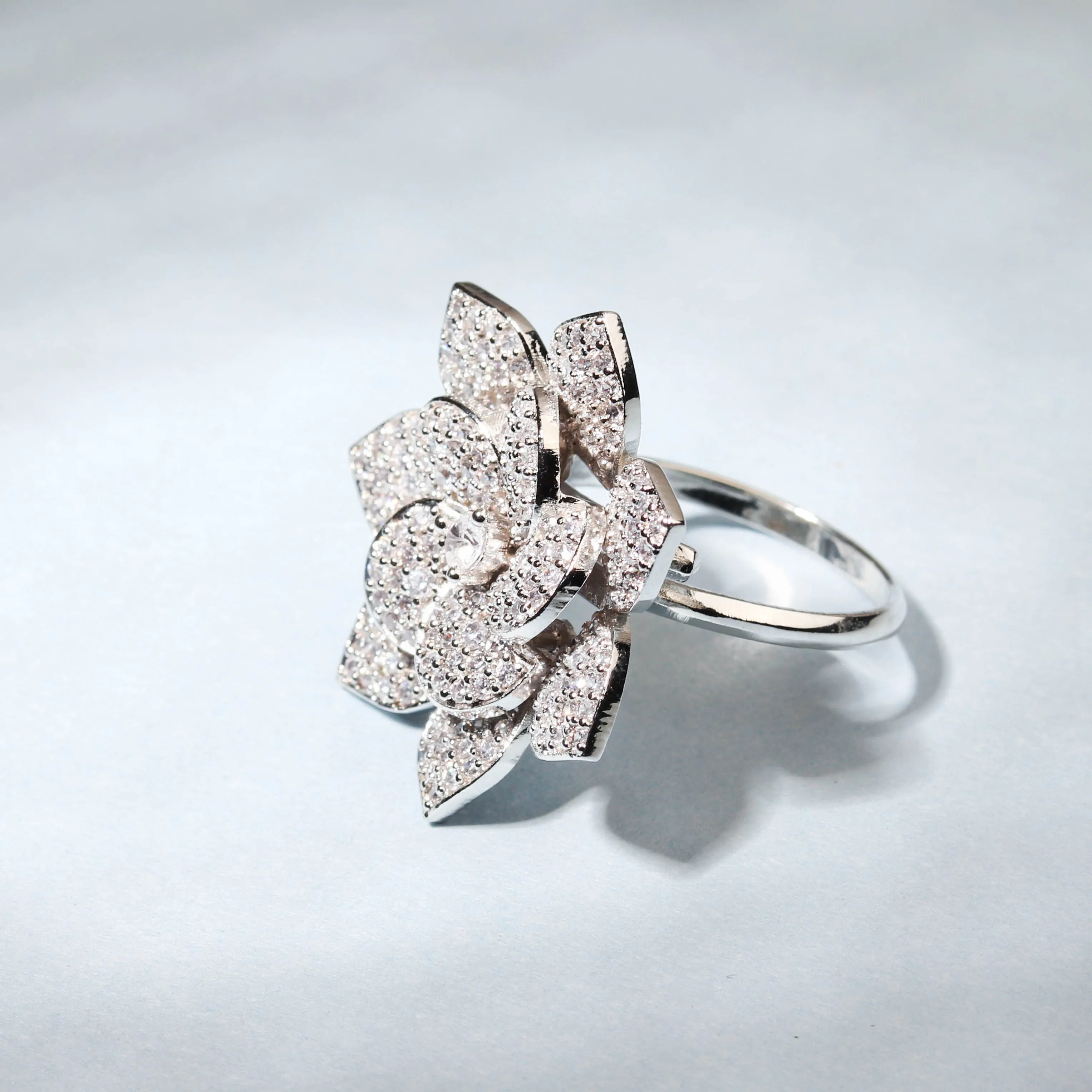 Elegant Flower Shaped Finger Ring With Cz Stones For Women - Free Size