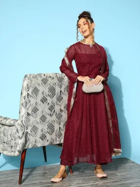 Embroidered Beads & Stones Kurta With Trousers & With Dupatta