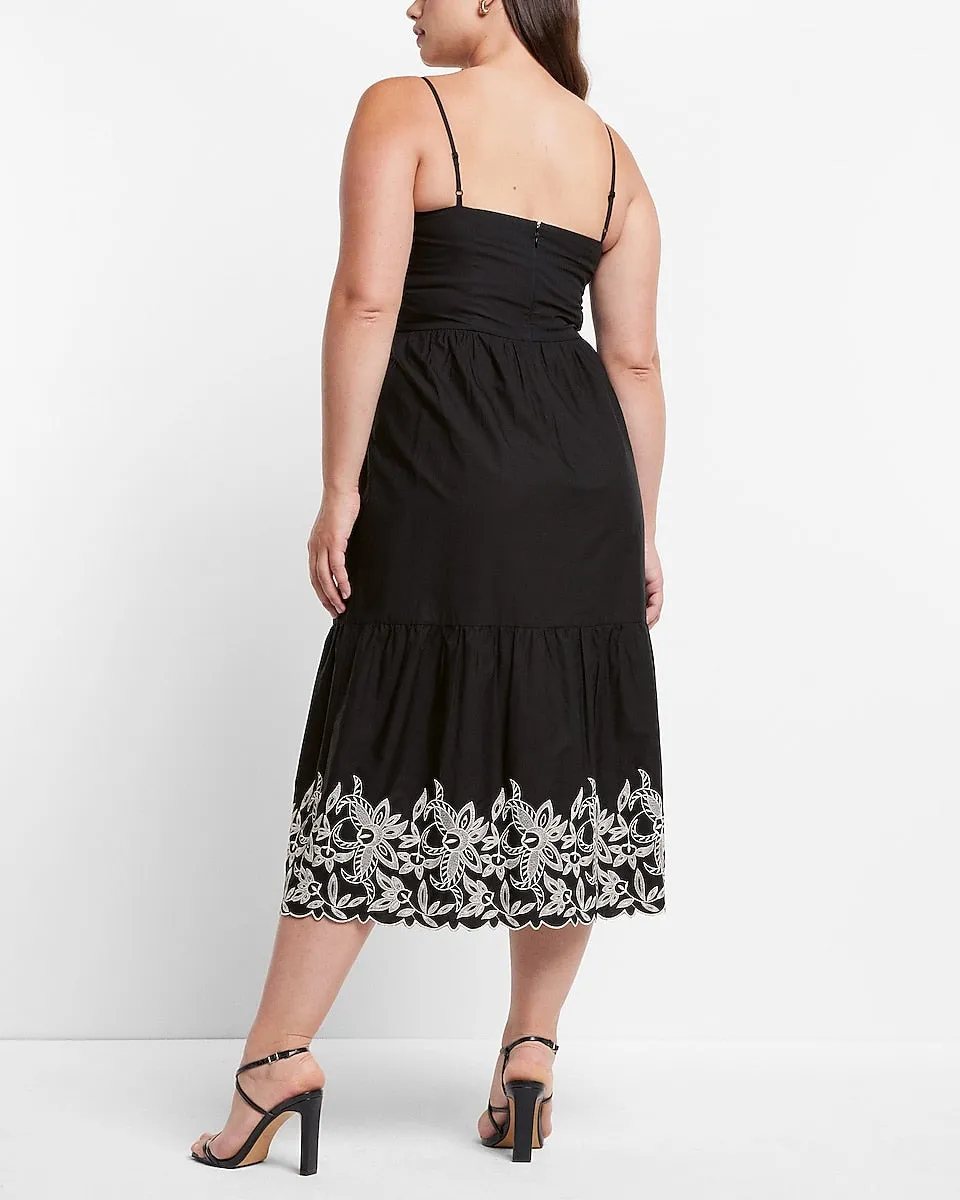 Embroidered Ruched Poplin Midi Dress in Pitch Black