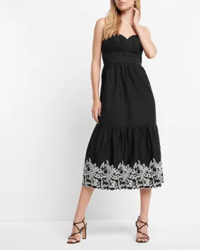 Embroidered Ruched Poplin Midi Dress in Pitch Black