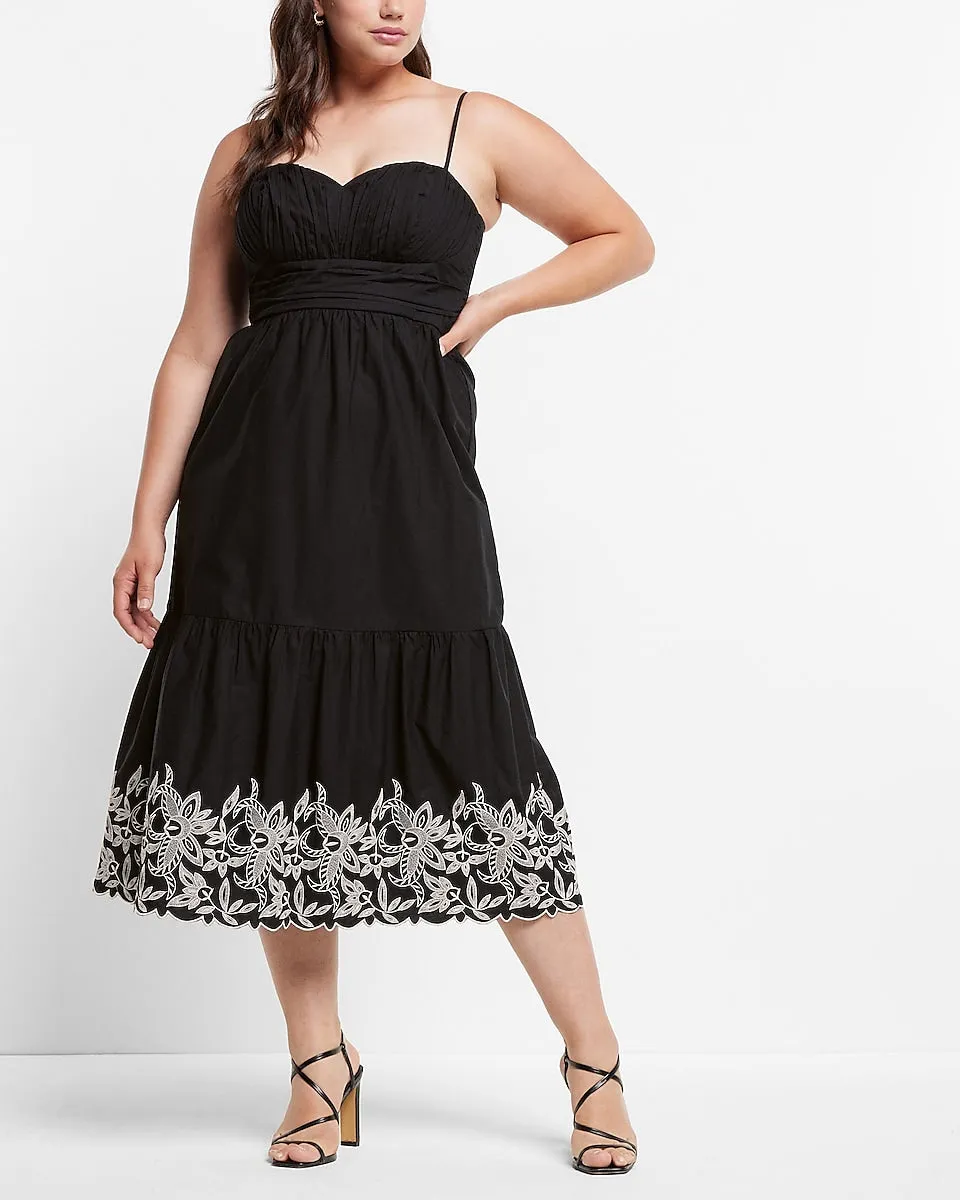 Embroidered Ruched Poplin Midi Dress in Pitch Black