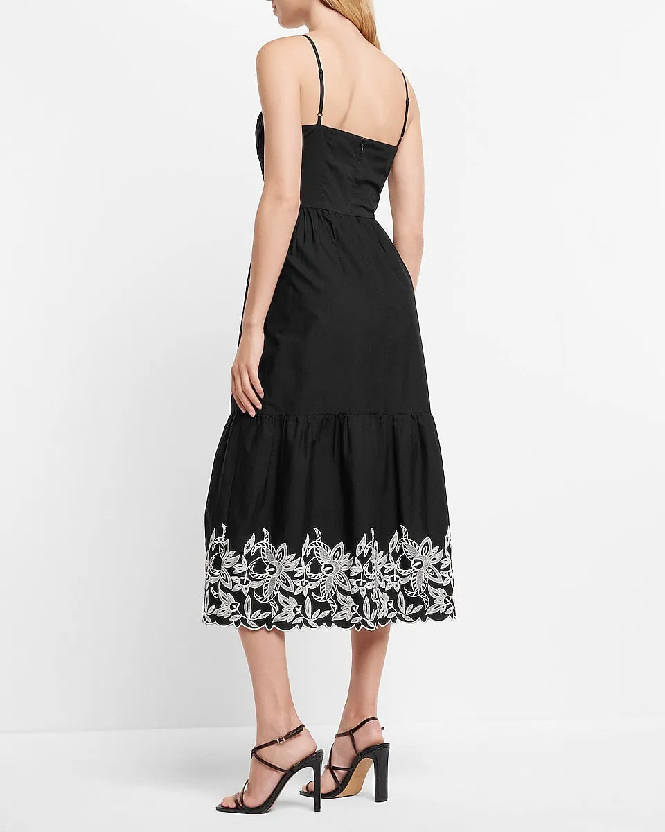 Embroidered Ruched Poplin Midi Dress in Pitch Black