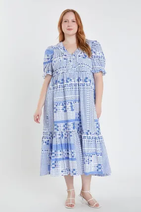 English Factory - Plus Size Geometric Print Tiered Midi Dress