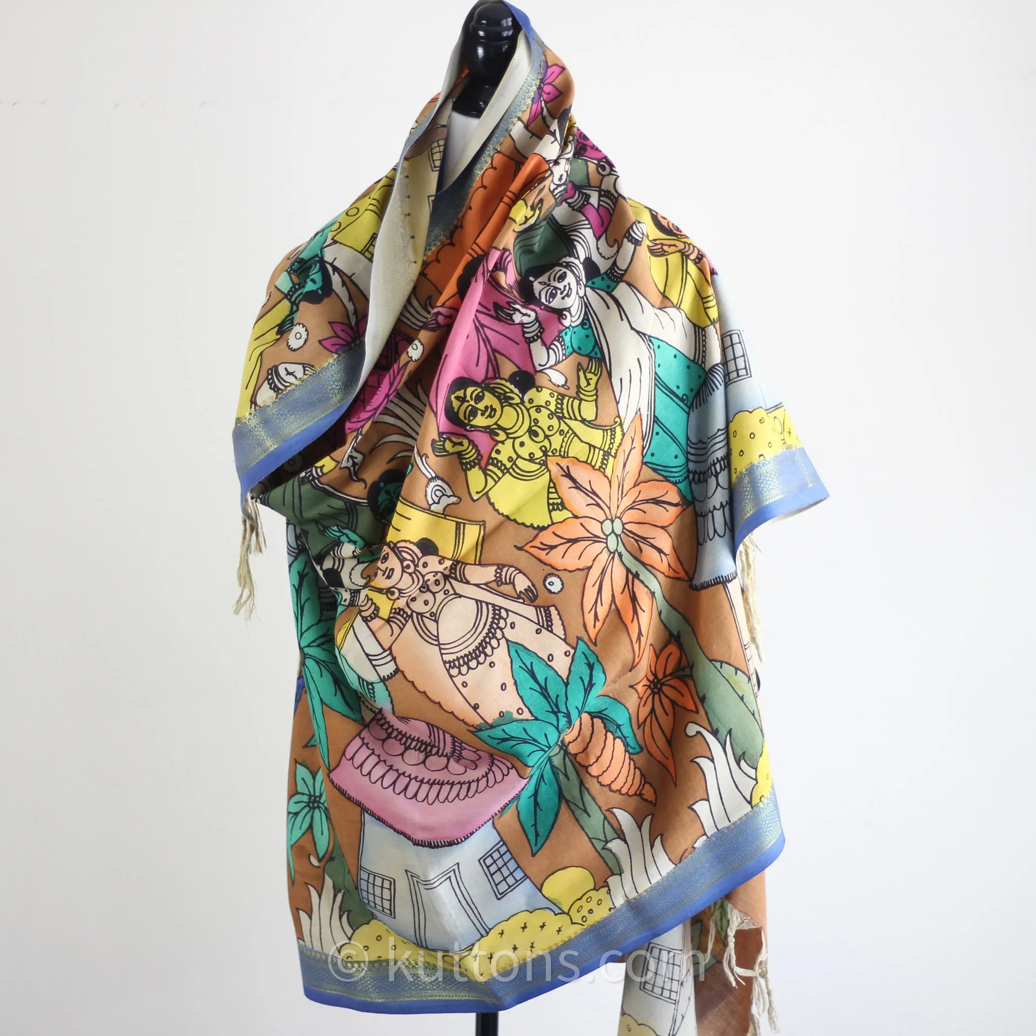 Ethnic Hand-Painted Kalamkari Cotton Wrap Cum Art Deco - Natural Colours, Dancing Mudras | Multicolour, 35x92"