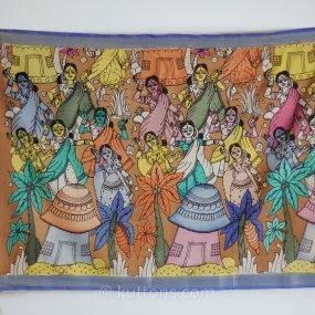 Ethnic Hand-Painted Kalamkari Cotton Wrap Cum Art Deco - Natural Colours, Dancing Mudras | Multicolour, 35x92"