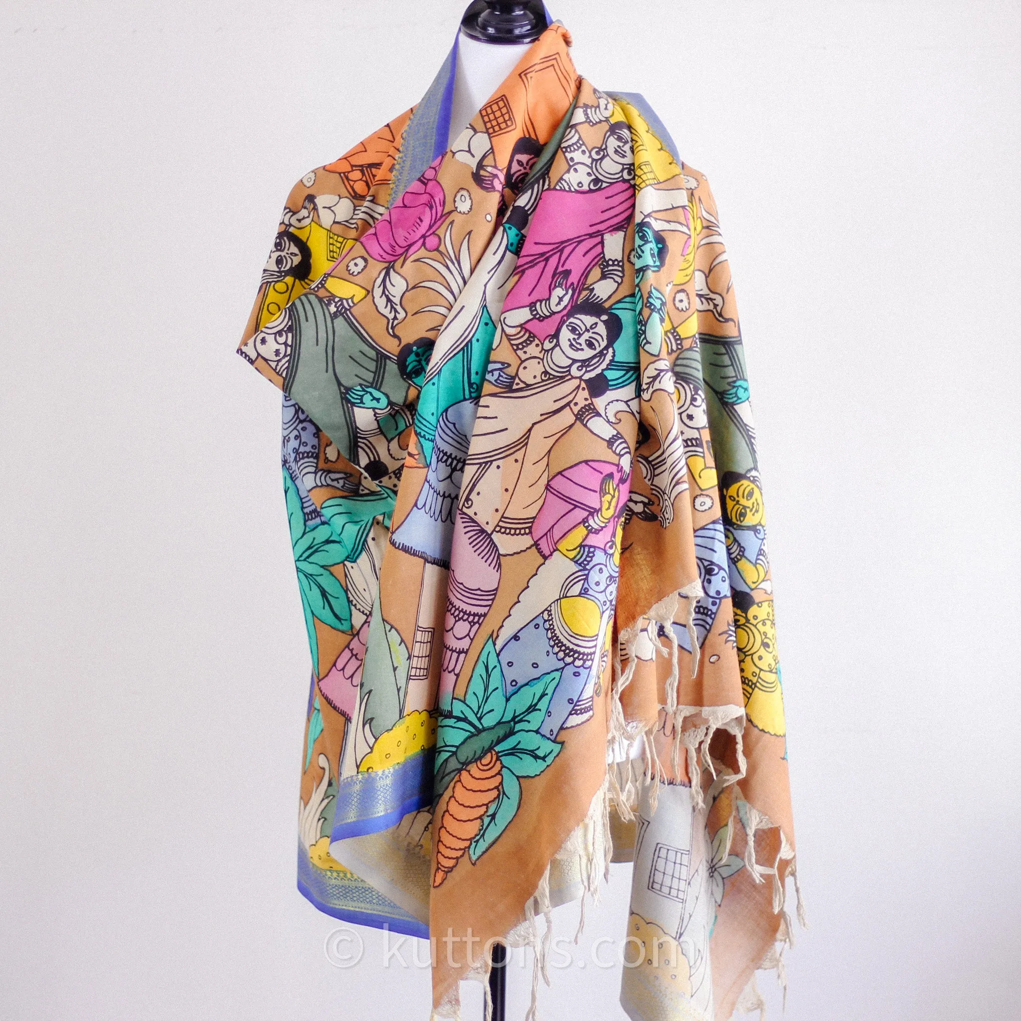 Ethnic Hand-Painted Kalamkari Cotton Wrap Cum Art Deco - Natural Colours, Dancing Mudras | Multicolour, 35x92"