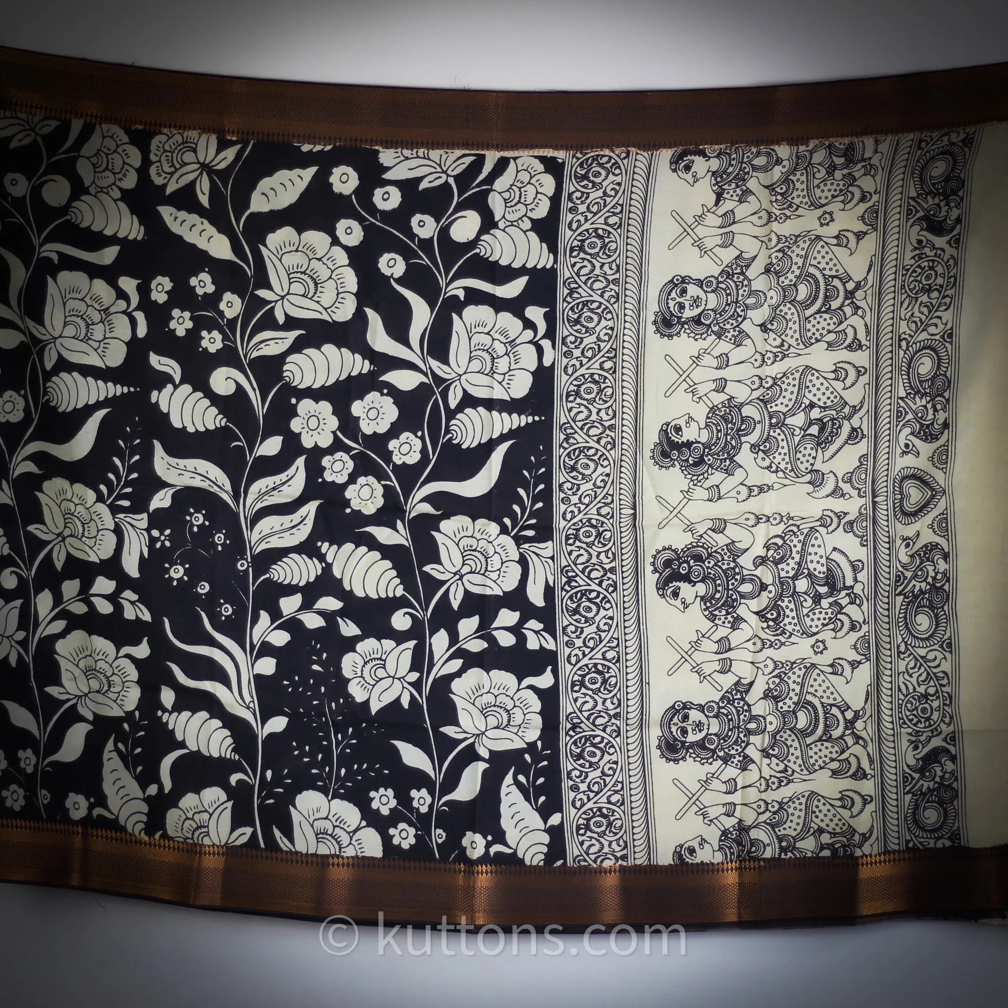 Ethnic Hand-Painted Kalamkari Silk Wrap - Natural Dyes, Floral - Dancing Divas | Black, 36x93"