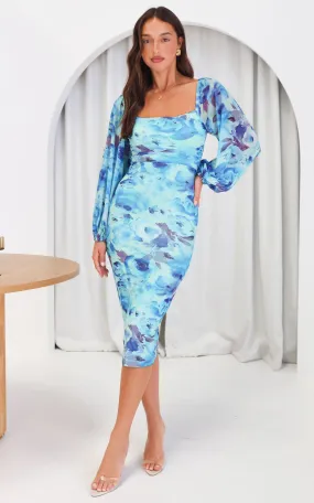 Eunice Mesh Midi Dress - Blue Floral