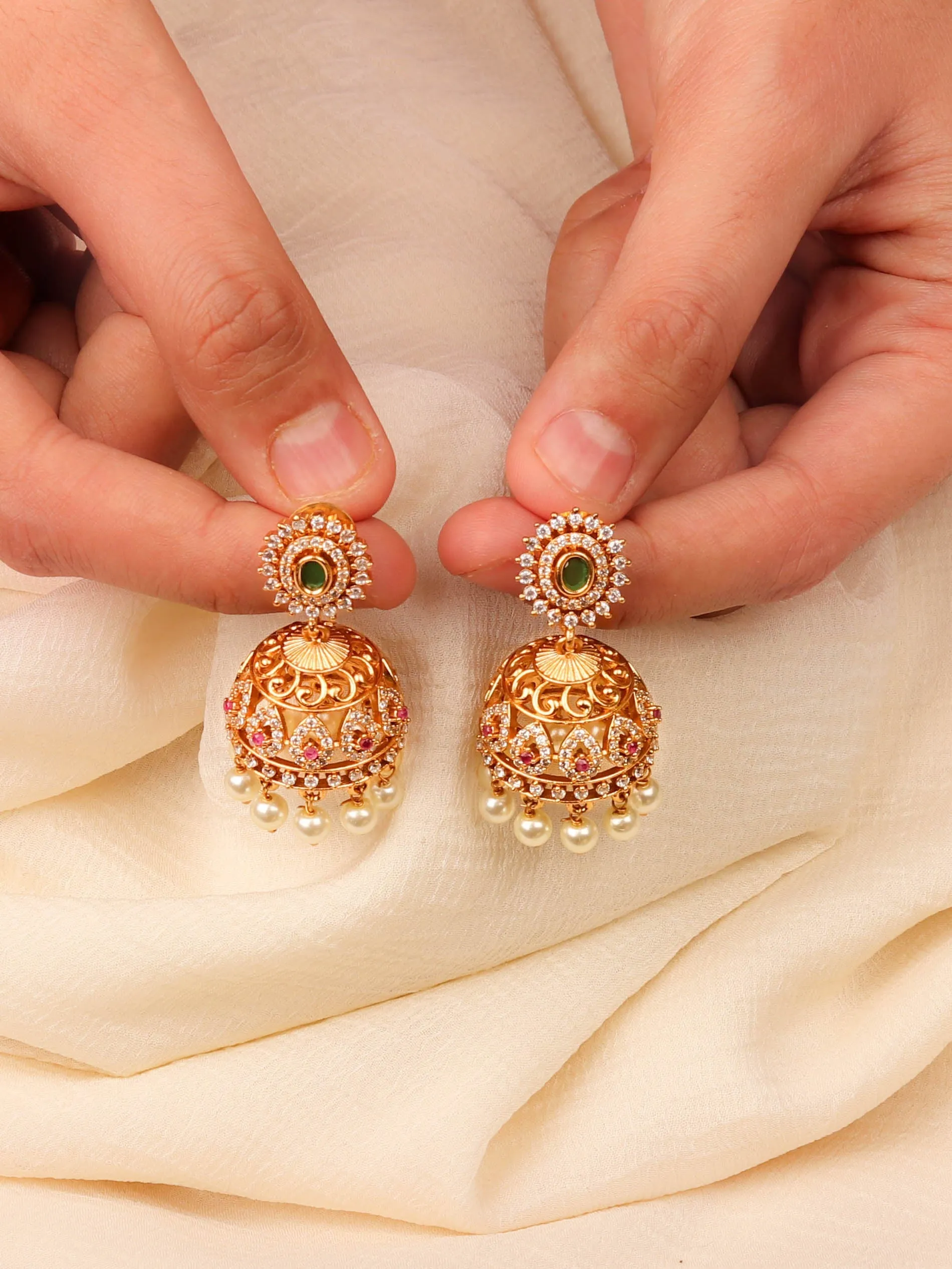 Exquisite 24k Gold-plated Matte Temple Jhumka Earrings With Ad Stones and Pearls