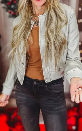 Faded Faux Leather Buttoned Bomber Jacket