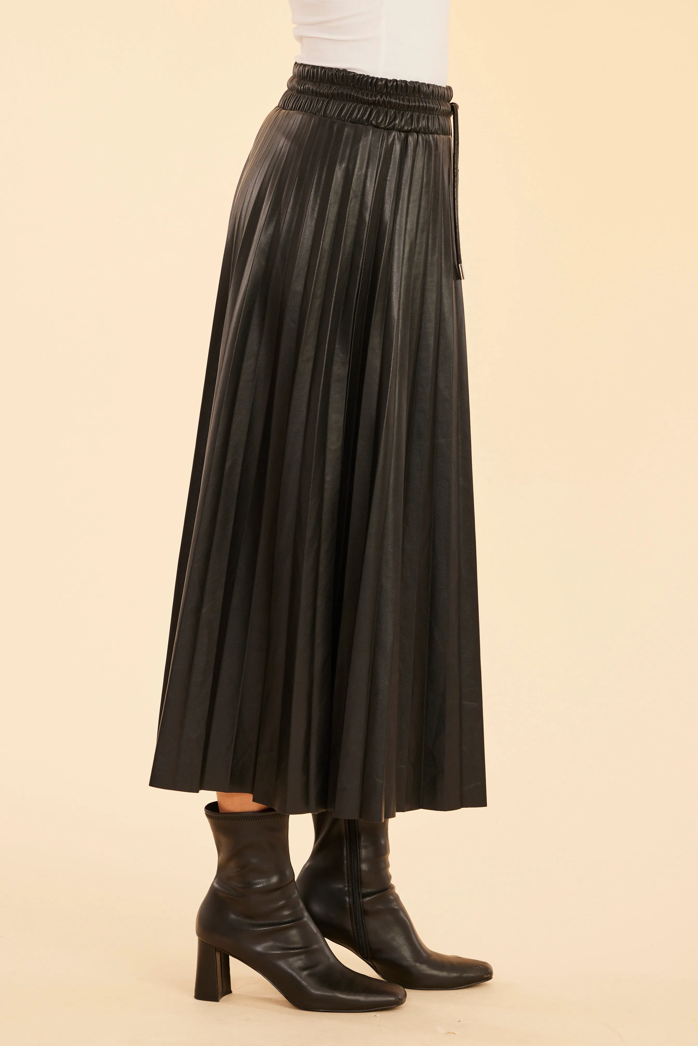 Faux Leather Pleated Drawstring Midi Skirt