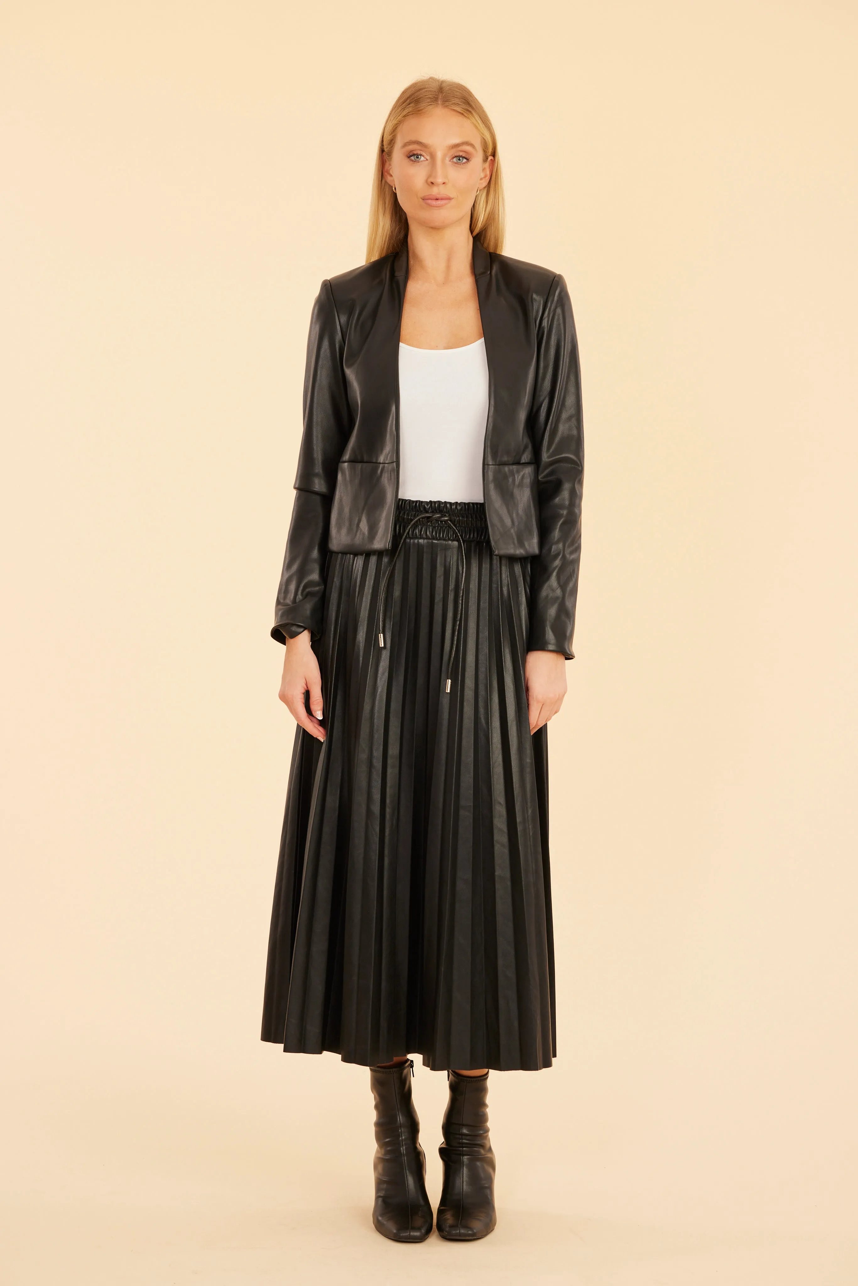 Faux Leather Pleated Drawstring Midi Skirt