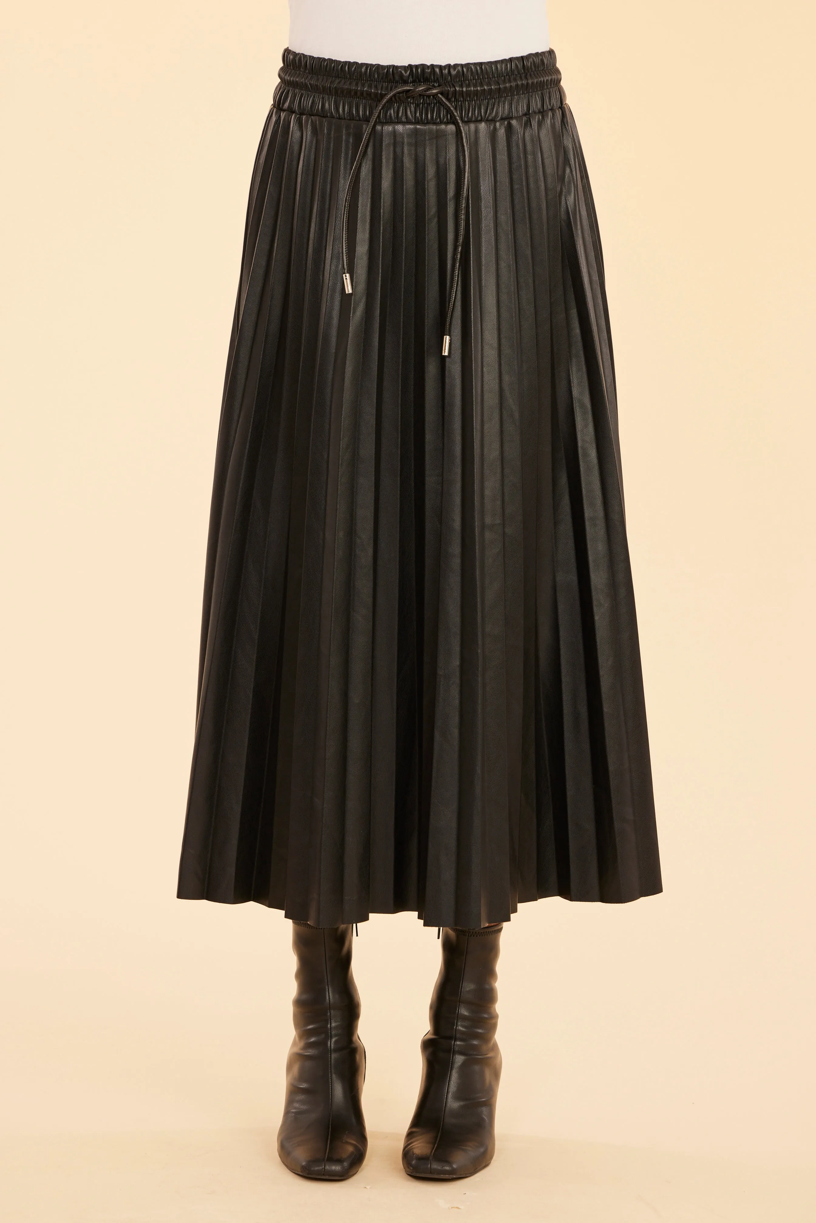 Faux Leather Pleated Drawstring Midi Skirt