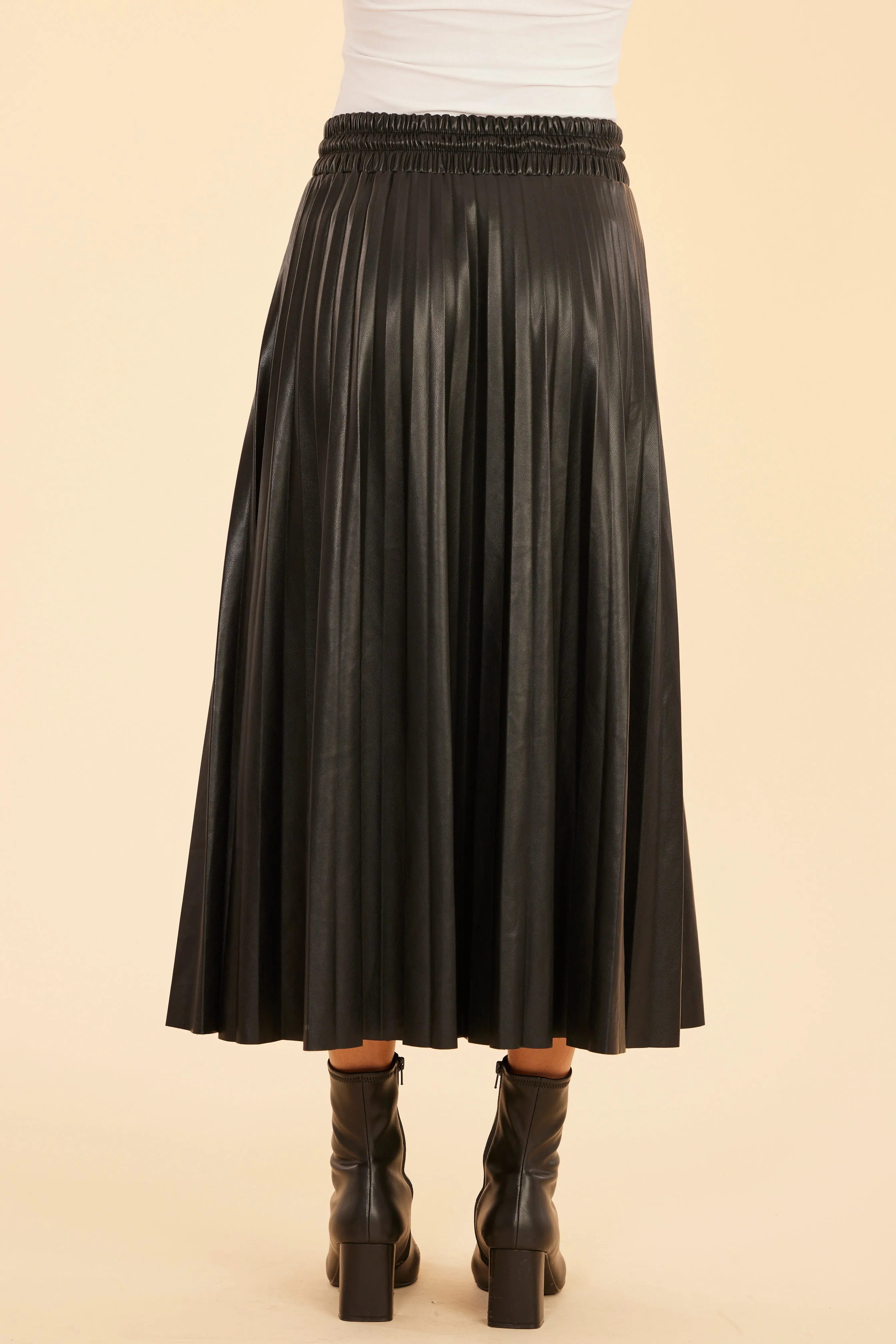 Faux Leather Pleated Drawstring Midi Skirt