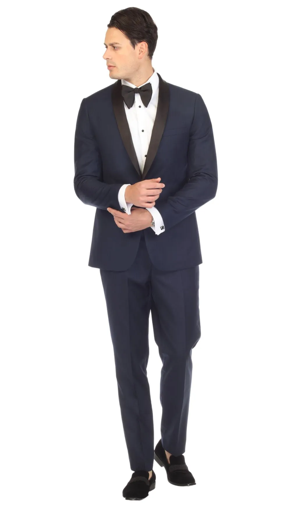 Ferrecci Slim Fit Navy with Black Satin Shawl Collar Tuxedo Jacket With Navy Pants