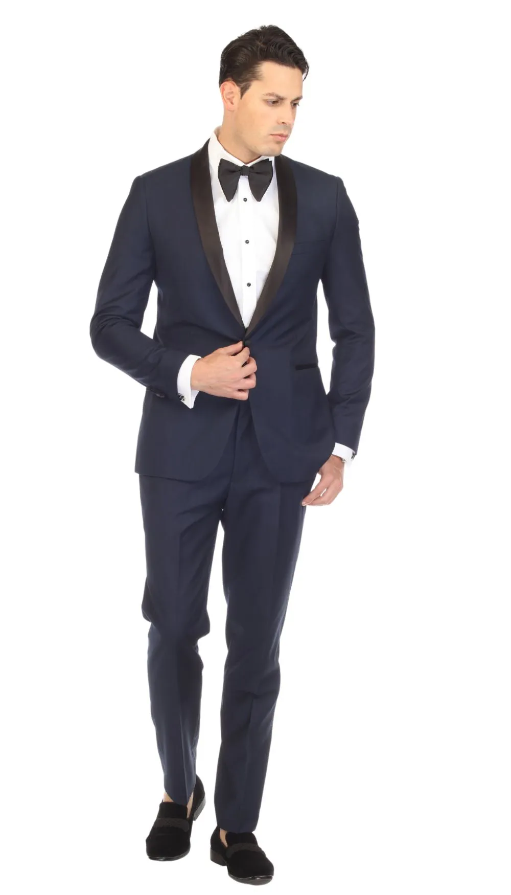 Ferrecci Slim Fit Navy with Black Satin Shawl Collar Tuxedo Jacket With Navy Pants