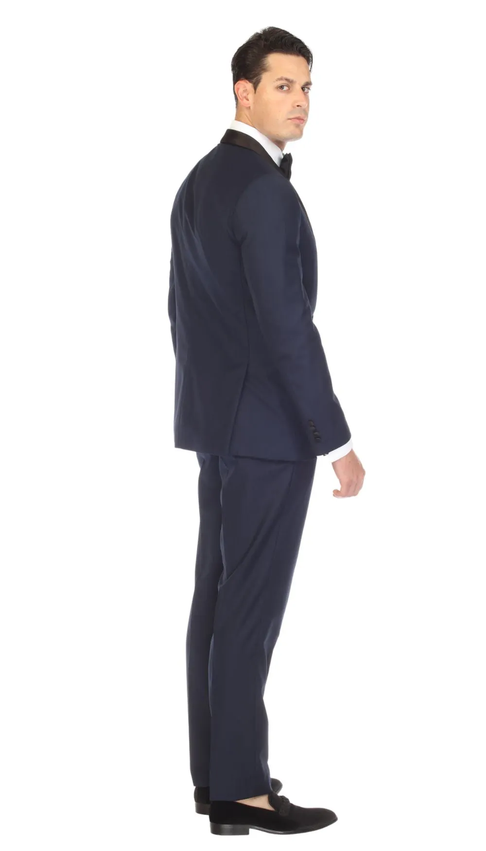 Ferrecci Slim Fit Navy with Black Satin Shawl Collar Tuxedo Jacket With Navy Pants