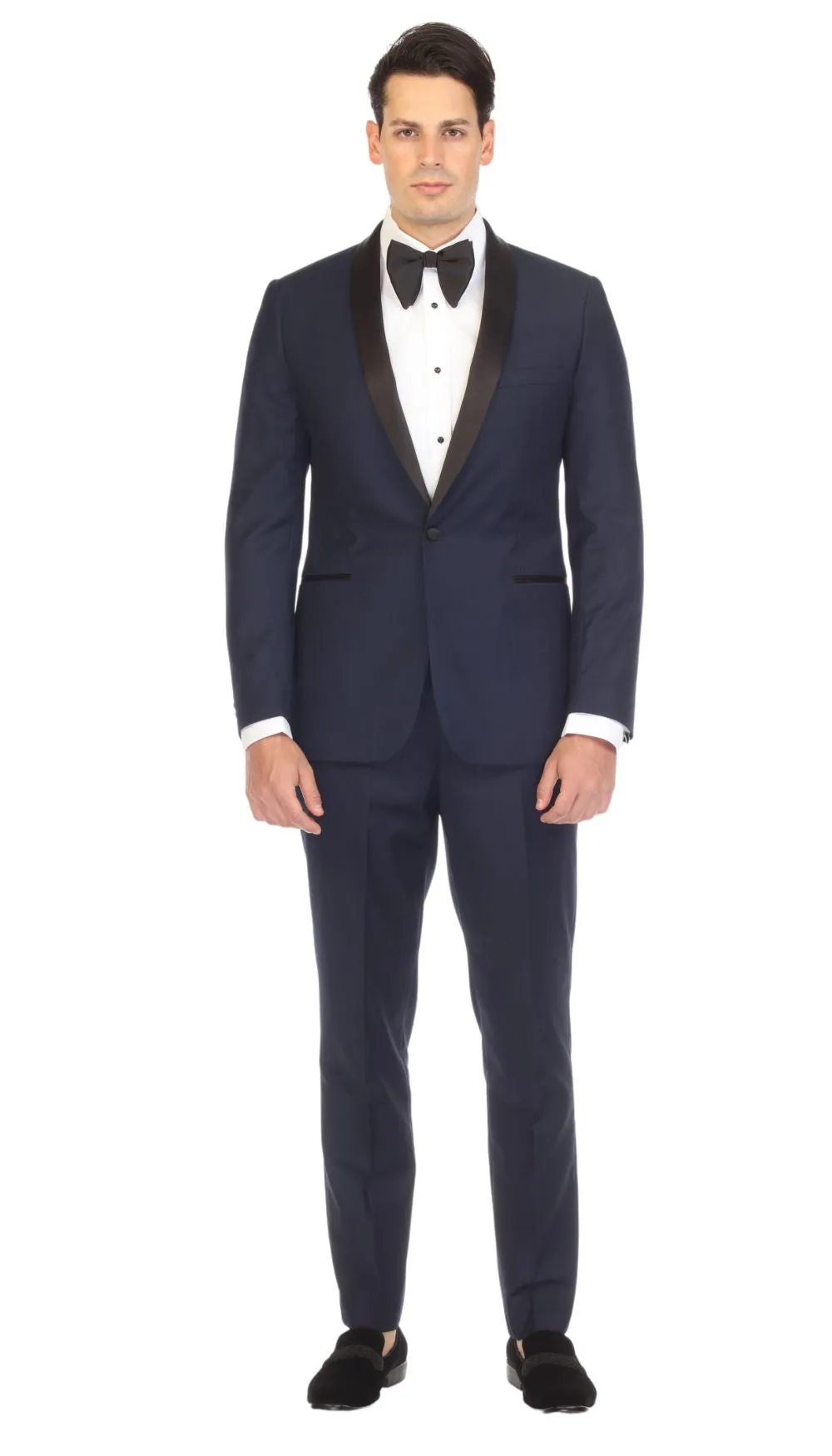 Ferrecci Slim Fit Navy with Black Satin Shawl Collar Tuxedo Jacket With Navy Pants