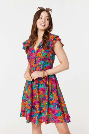 Floral V-Neck Frilled Sleeve Short Dress