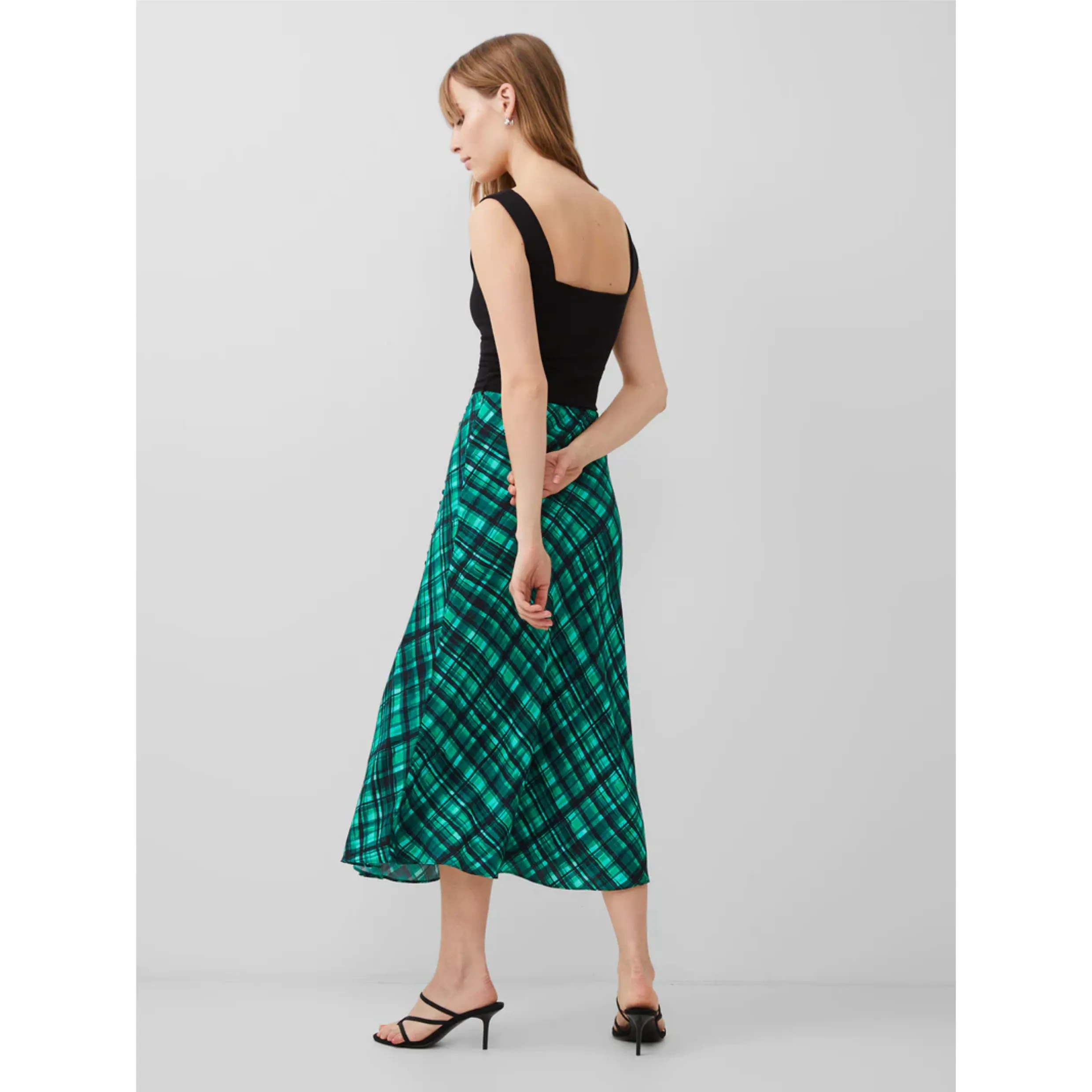 French Connection Dani Eco Check Delphine Midi Skirt in Jelly Bean/Forest 73WAG