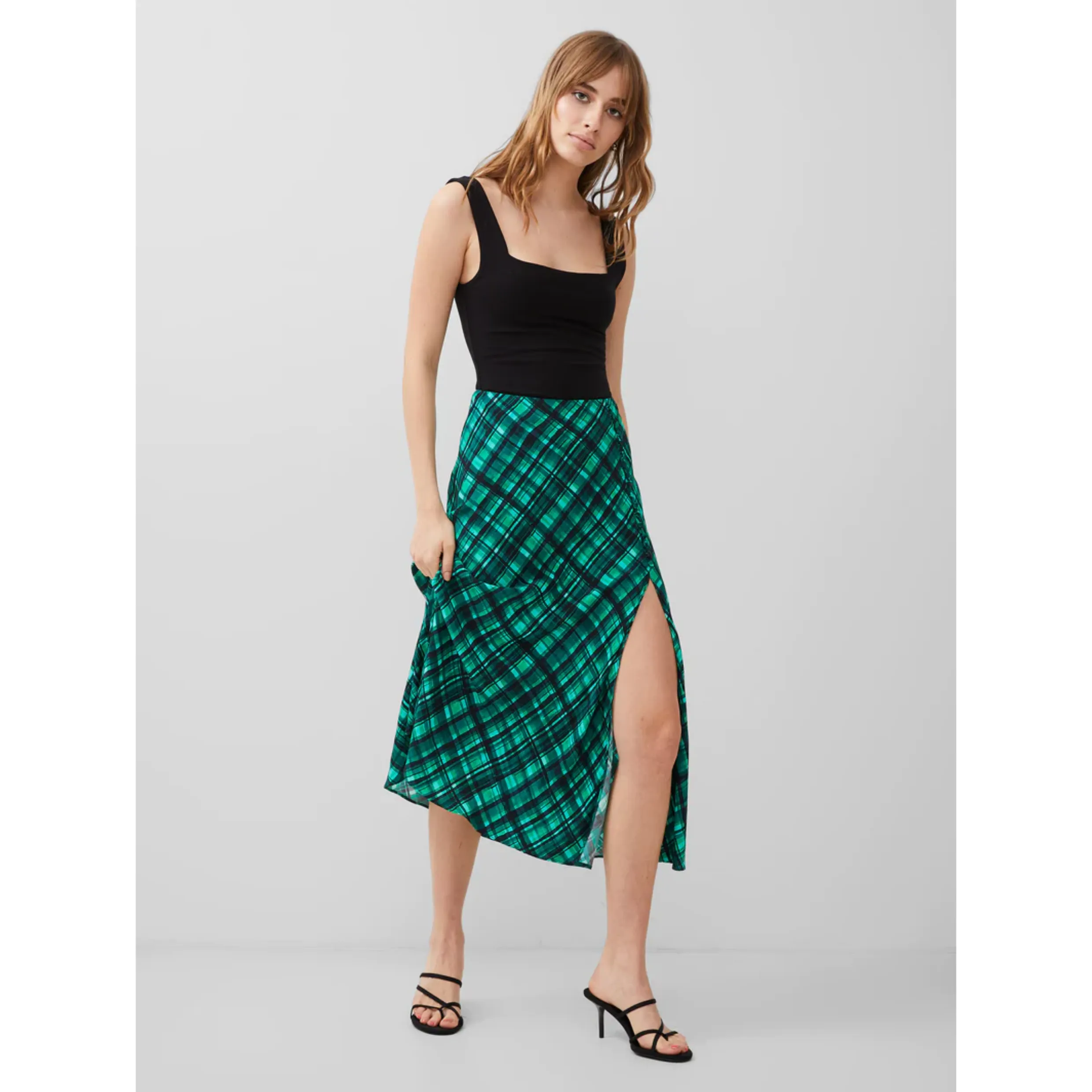 French Connection Dani Eco Check Delphine Midi Skirt in Jelly Bean/Forest 73WAG