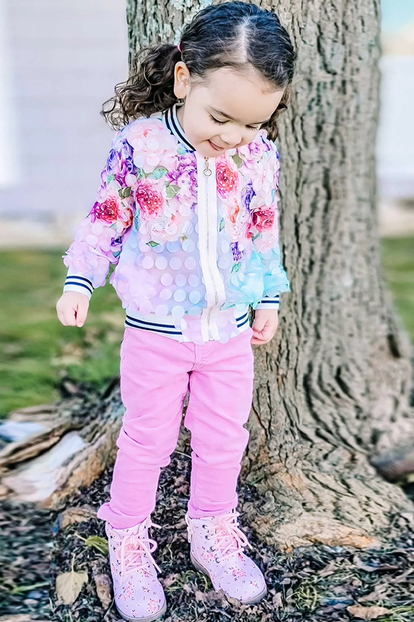 Girls 3D Fabric Floral Print Fashion Bomber Jacket