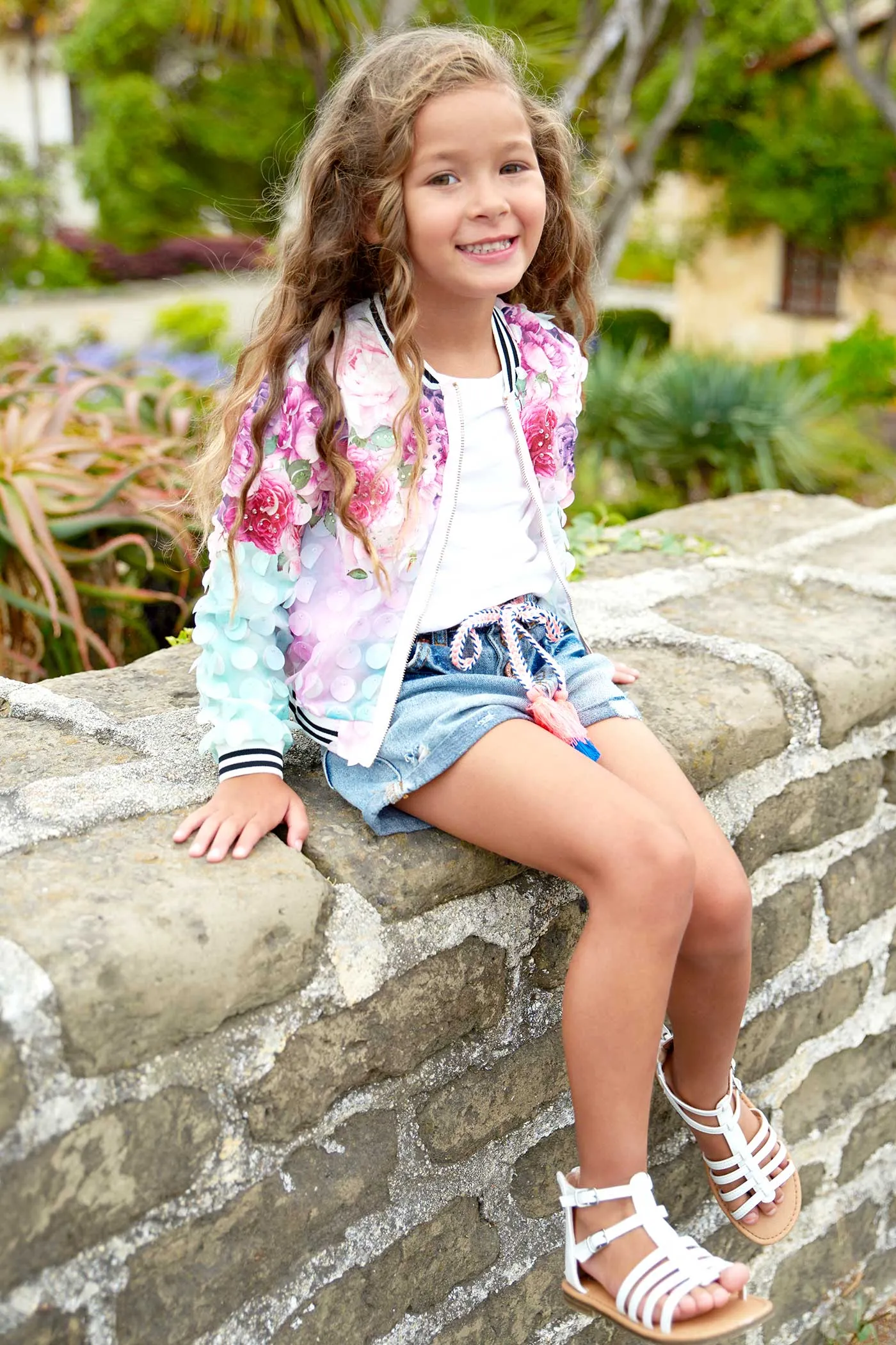 Girls 3D Fabric Floral Print Fashion Bomber Jacket