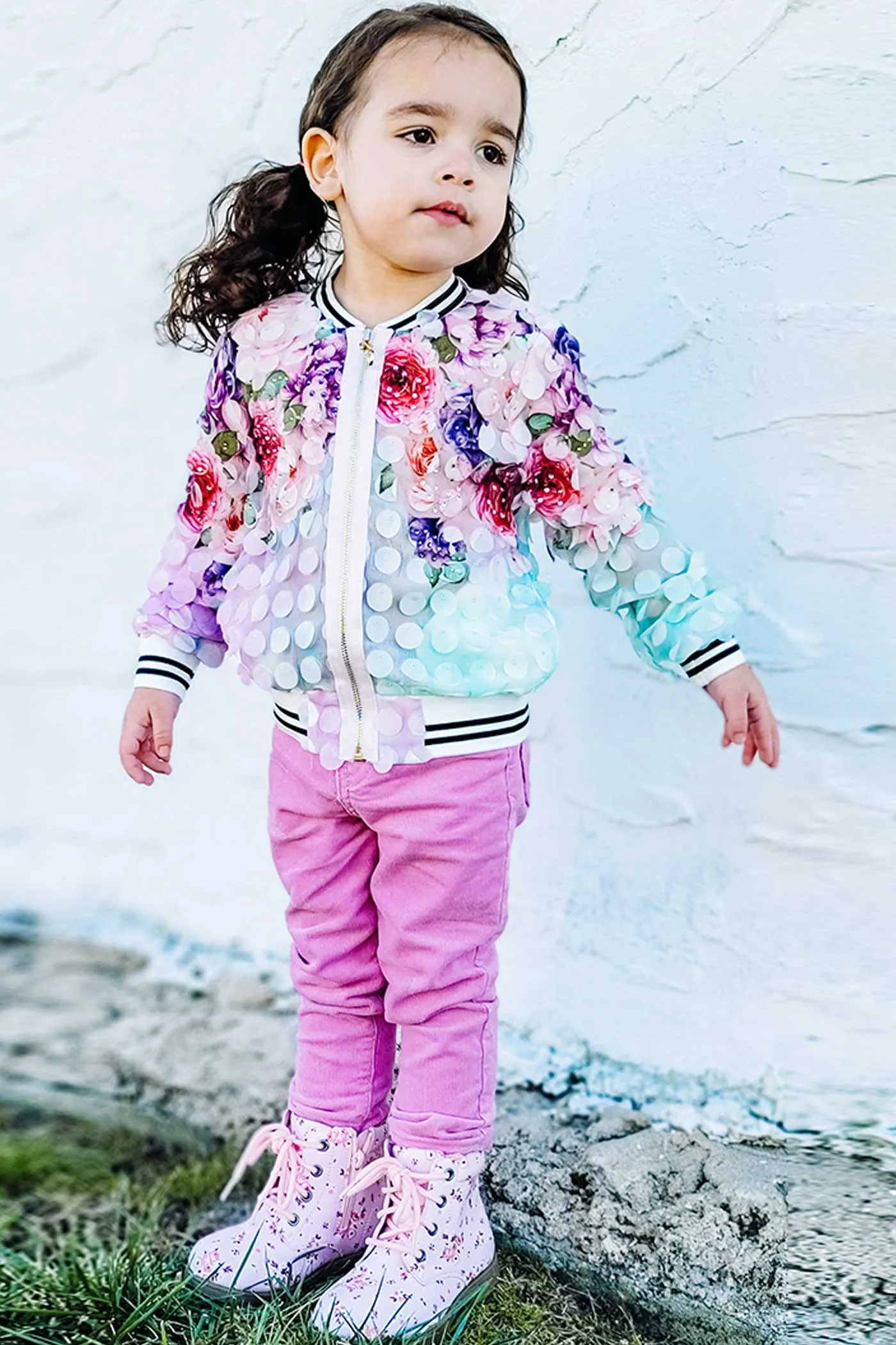 Girls 3D Fabric Floral Print Fashion Bomber Jacket