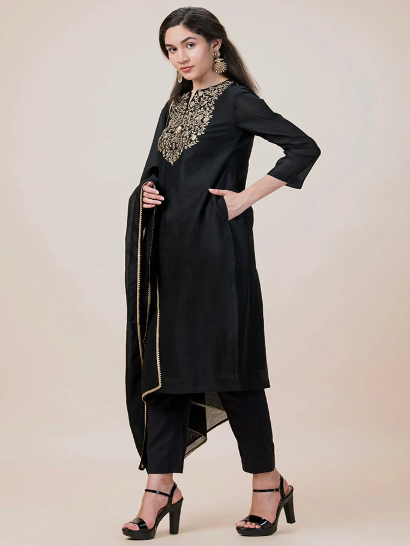 Gold Emb 3 Piece Kurta Set with Dupatta