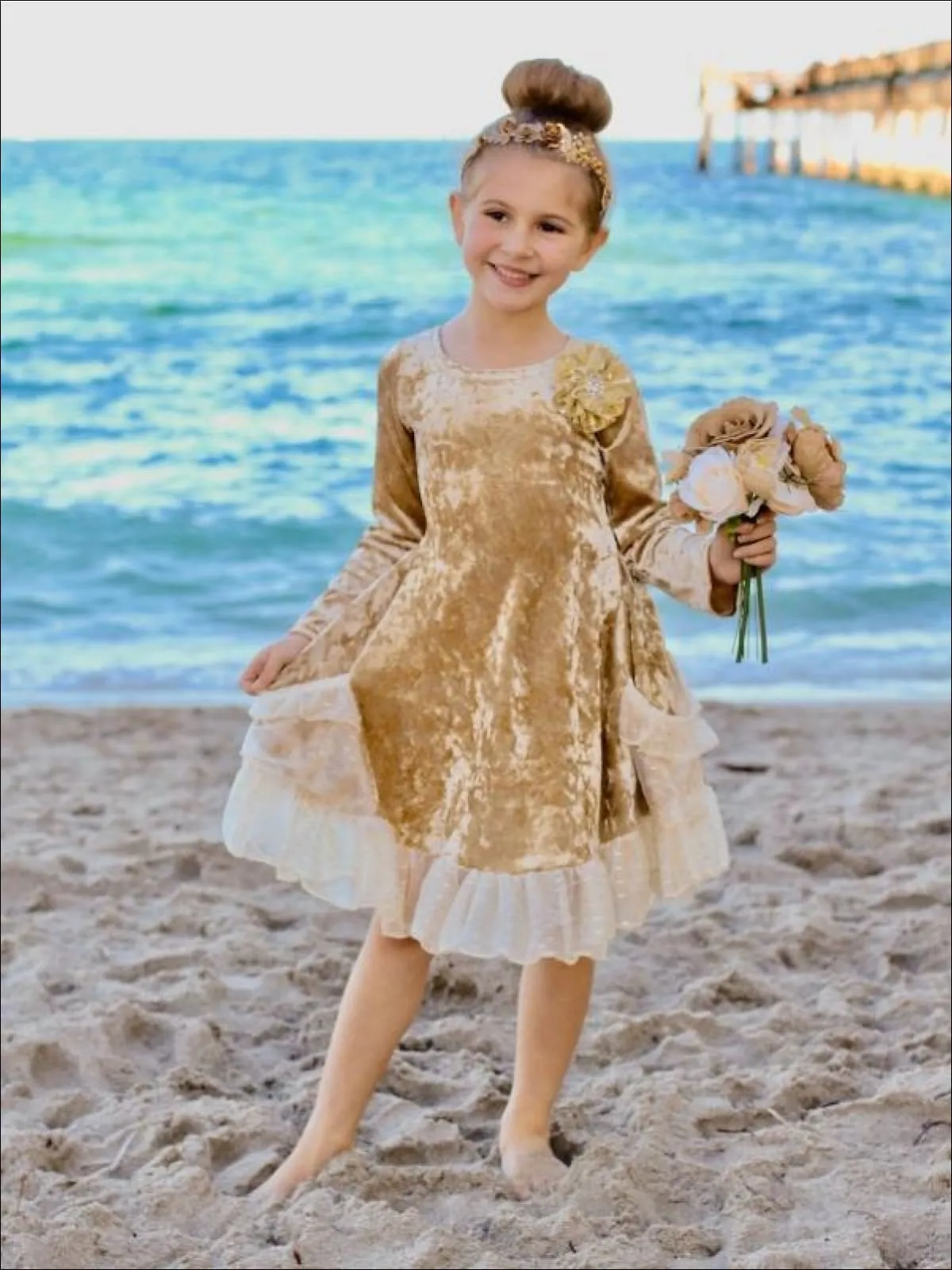 Gold Velvet Ruffled Pockets Princess Dress