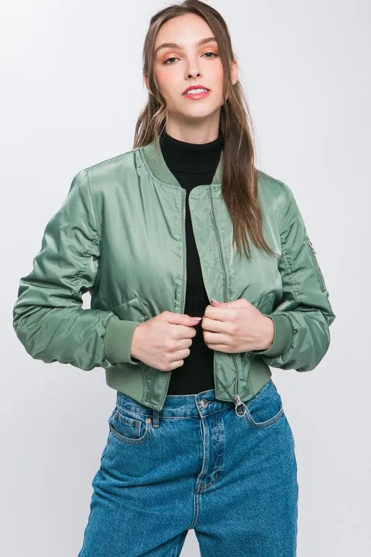 Grass Green Zip Up Bomber Jacket With Sleeve Zipper Detail