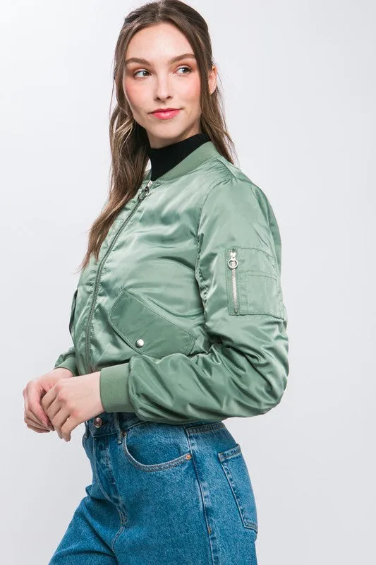 Grass Green Zip Up Bomber Jacket With Sleeve Zipper Detail