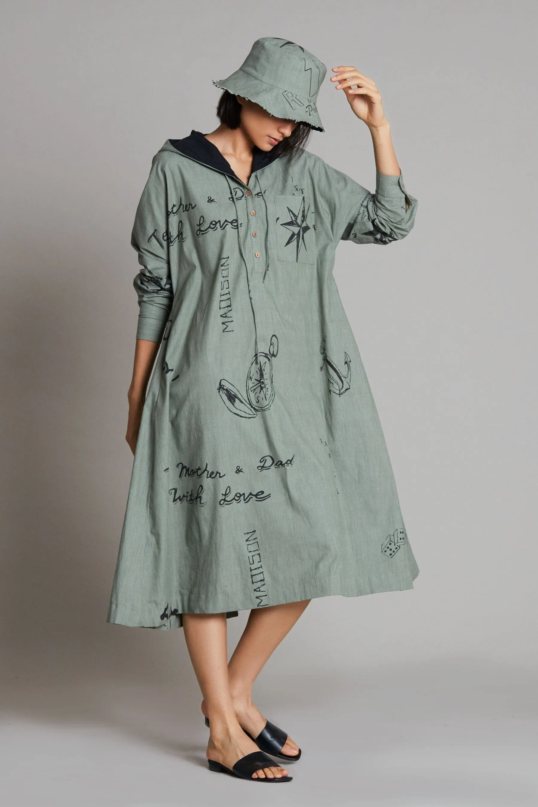 Green Denim Hoodie Dress