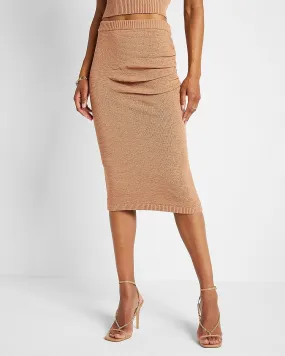 High Waisted Ruched Side Midi Sweater Skirt in Pecan