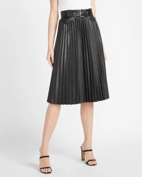 High Waisted Vegan Leather Belted Pleated Midi Skirt in Pitch Black