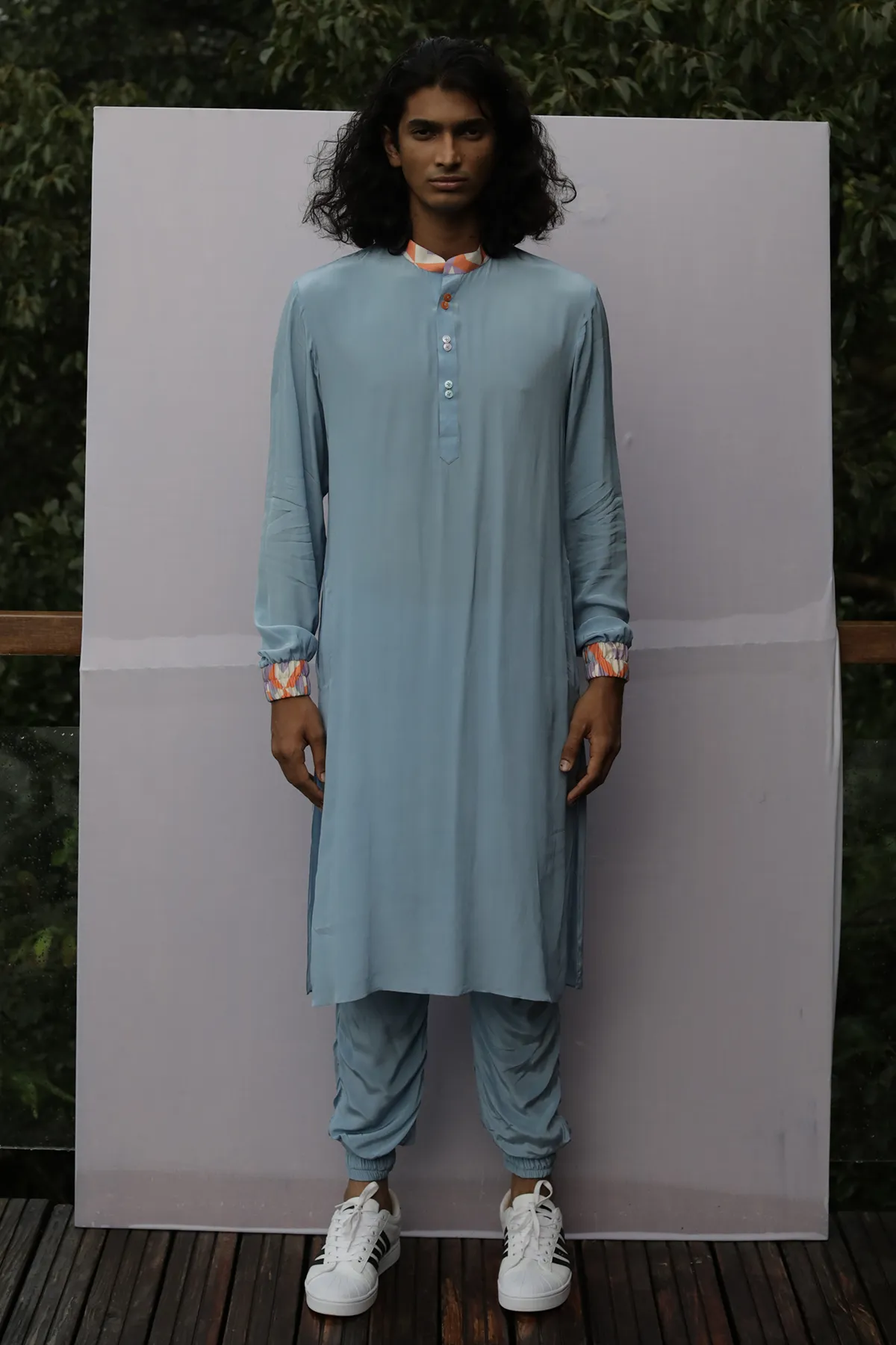 Ice Blue Kurta with Printed Cuff and Joggers Pant